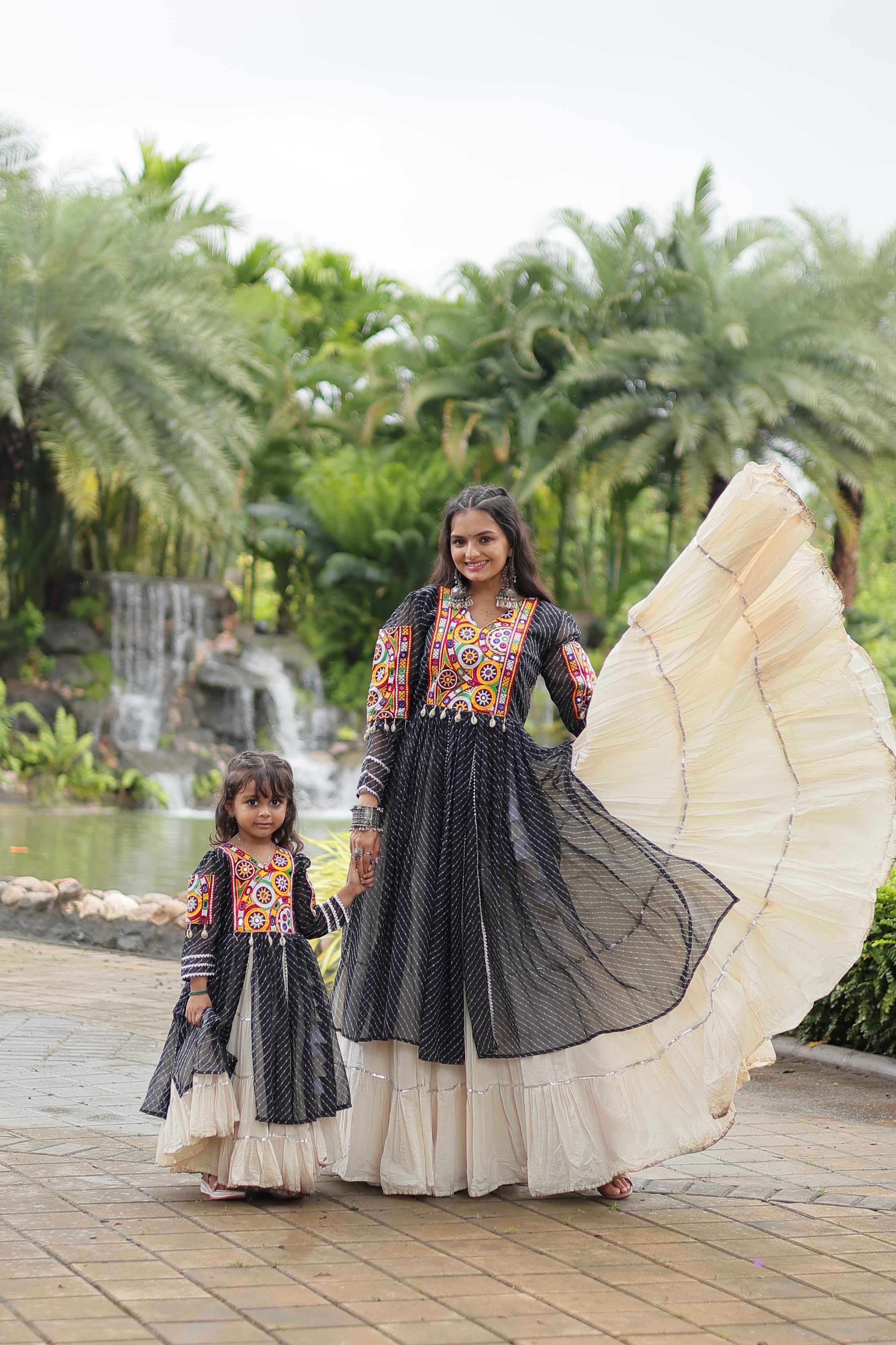 Traditional Wear Black Color Kora Cotton With Standard Frill Stitching Kurti With Lehenga Mother And Daughter Dress