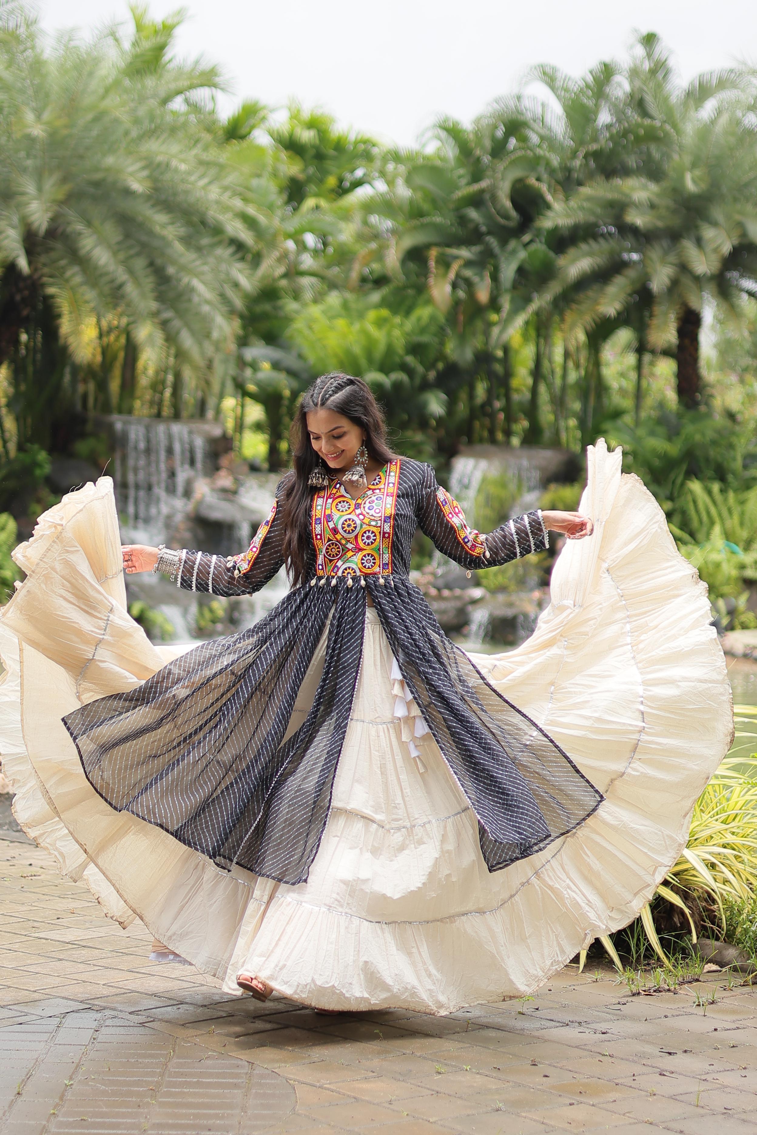 Traditional Wear Black Color Kora Cotton With Standard Frill Stitching Kurti With Lehenga Mother And Daughter Dress