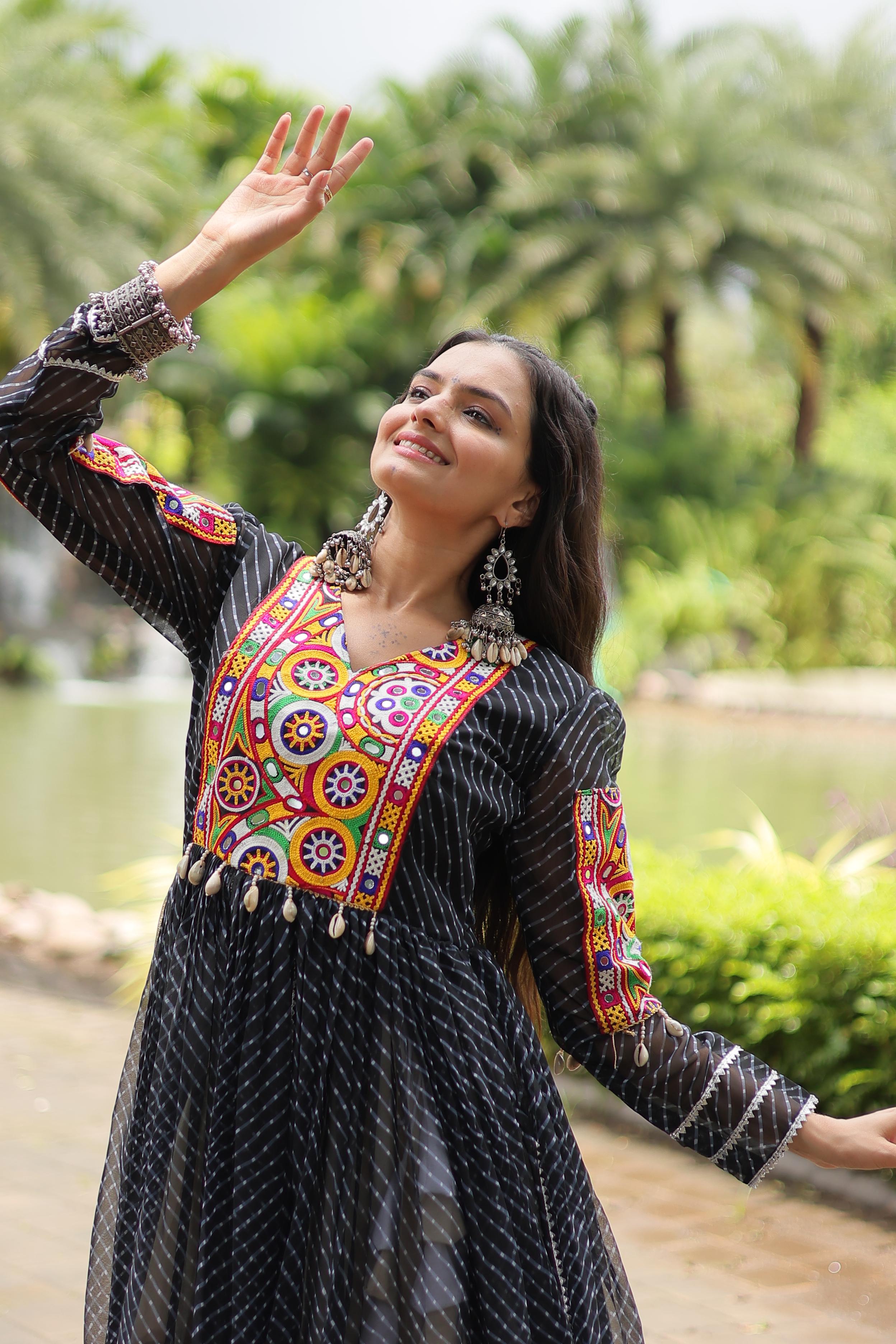 Traditional Wear Black Color Kora Cotton With Standard Frill Stitching Kurti With Lehenga Mother And Daughter Dress