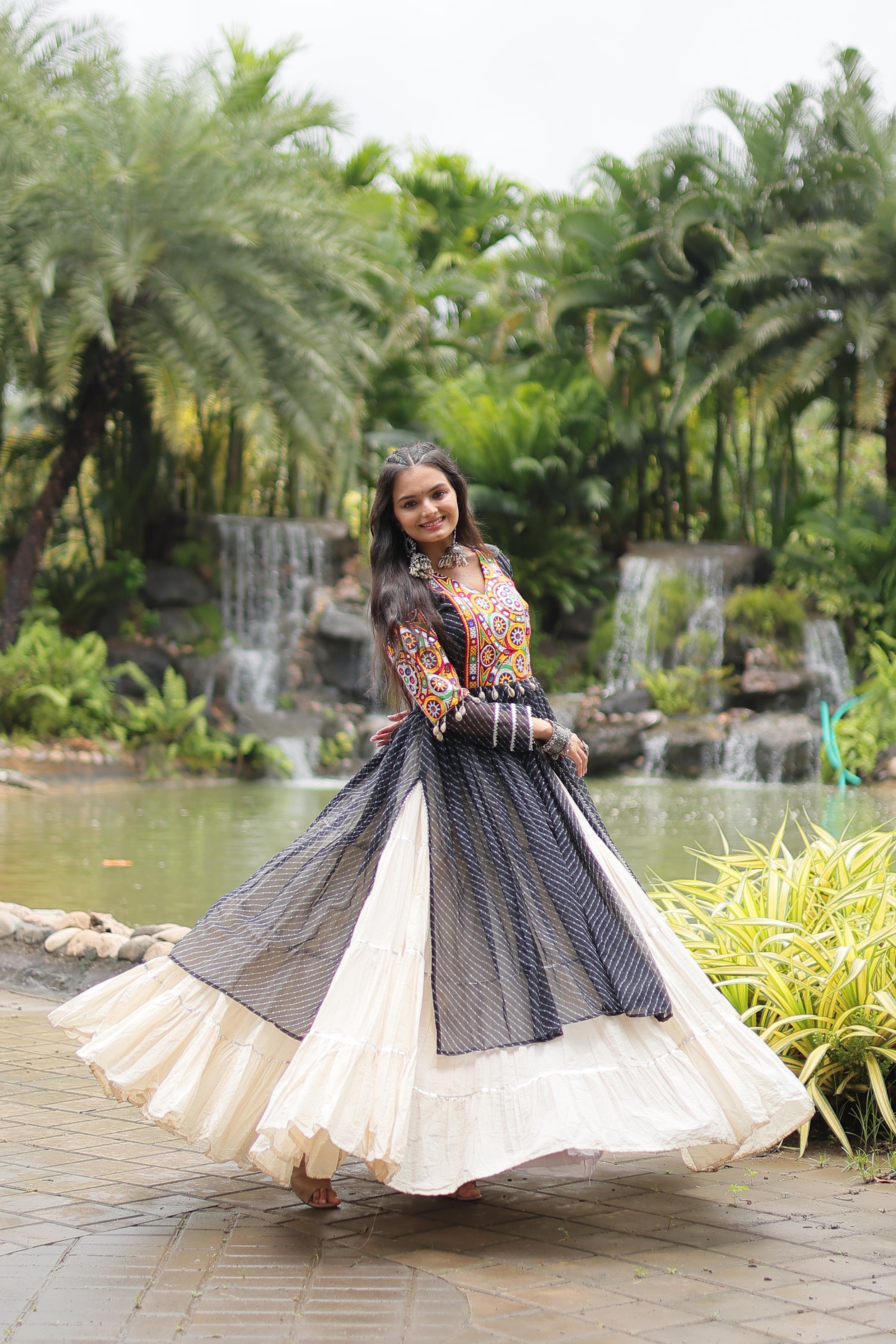 Traditional Wear Black Color Kora Cotton With Standard Frill Stitching Kurti With Lehenga Mother And Daughter Dress