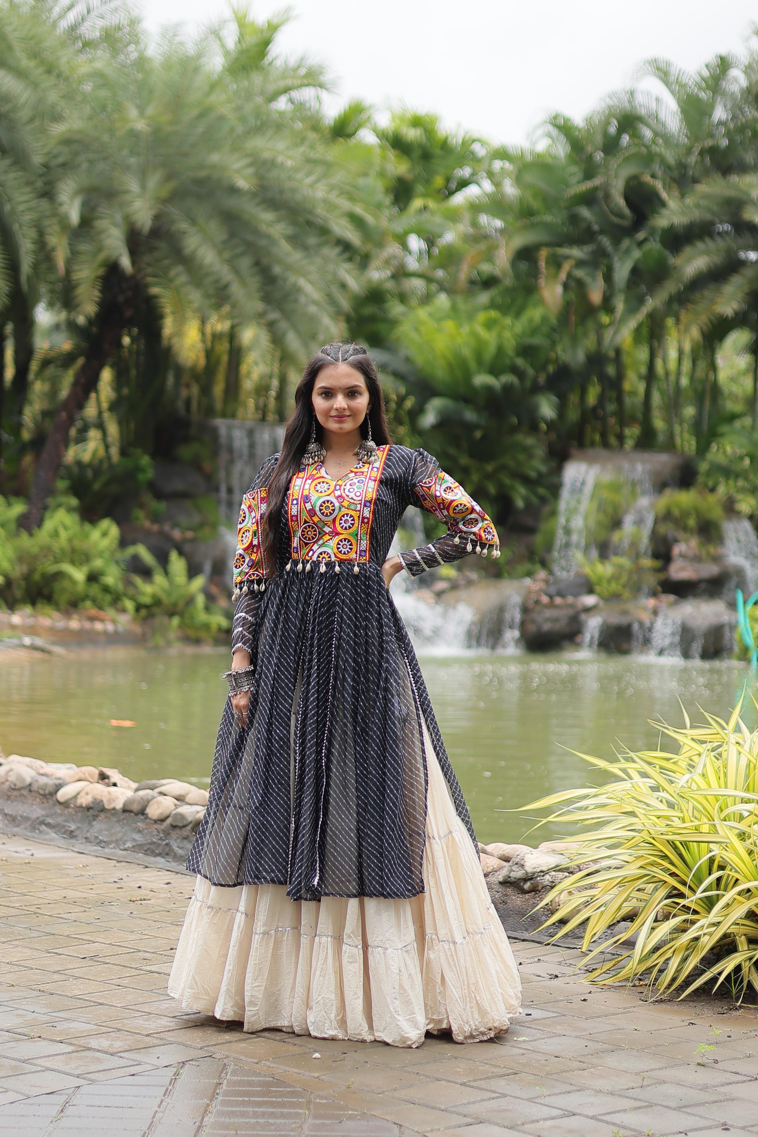 Traditional Wear Black Color Kora Cotton With Standard Frill Stitching Kurti With Lehenga Mother And Daughter Dress