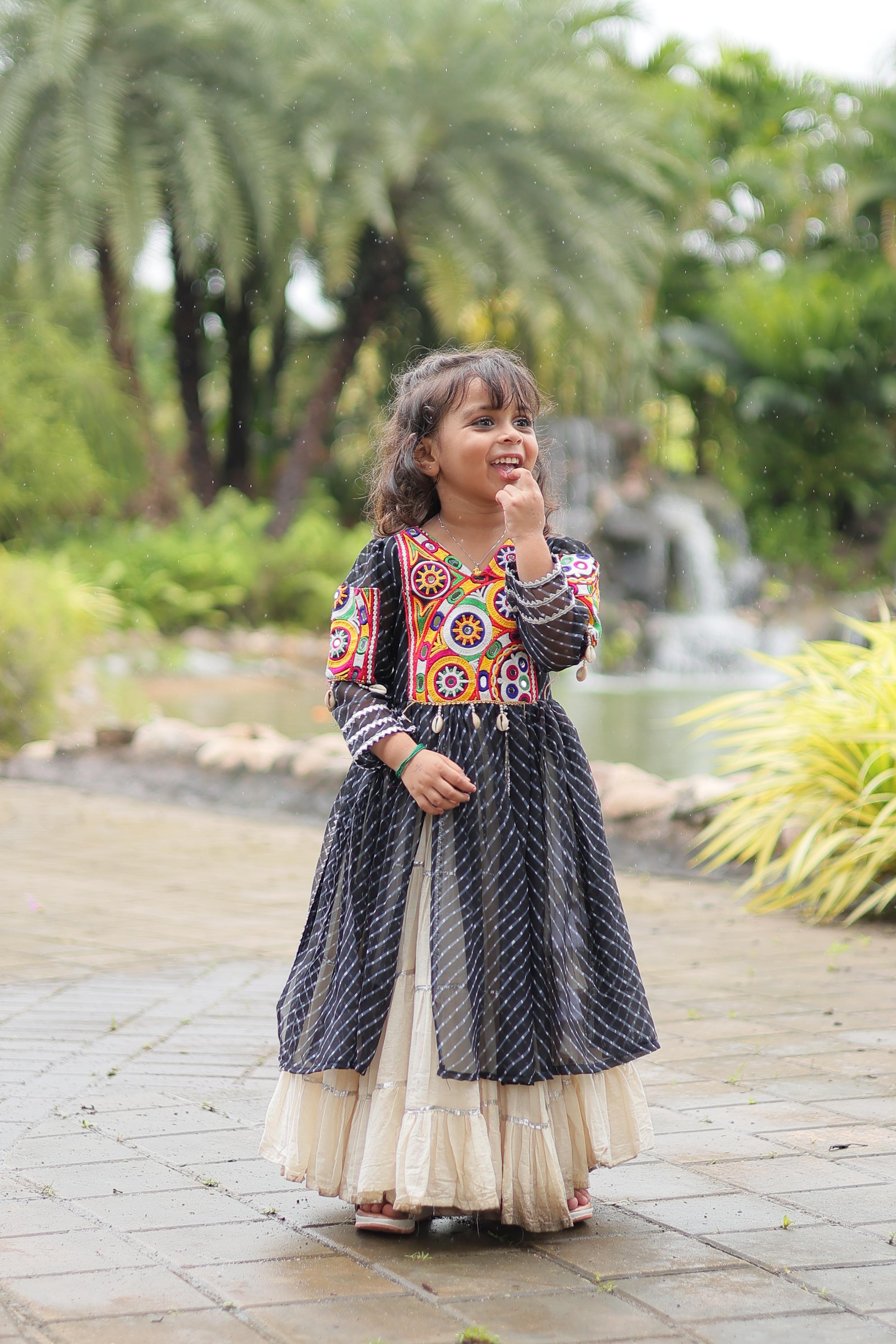 Traditional Wear Black Color Kora Cotton With Standard Frill Stitching Kurti With Lehenga Mother And Daughter Dress