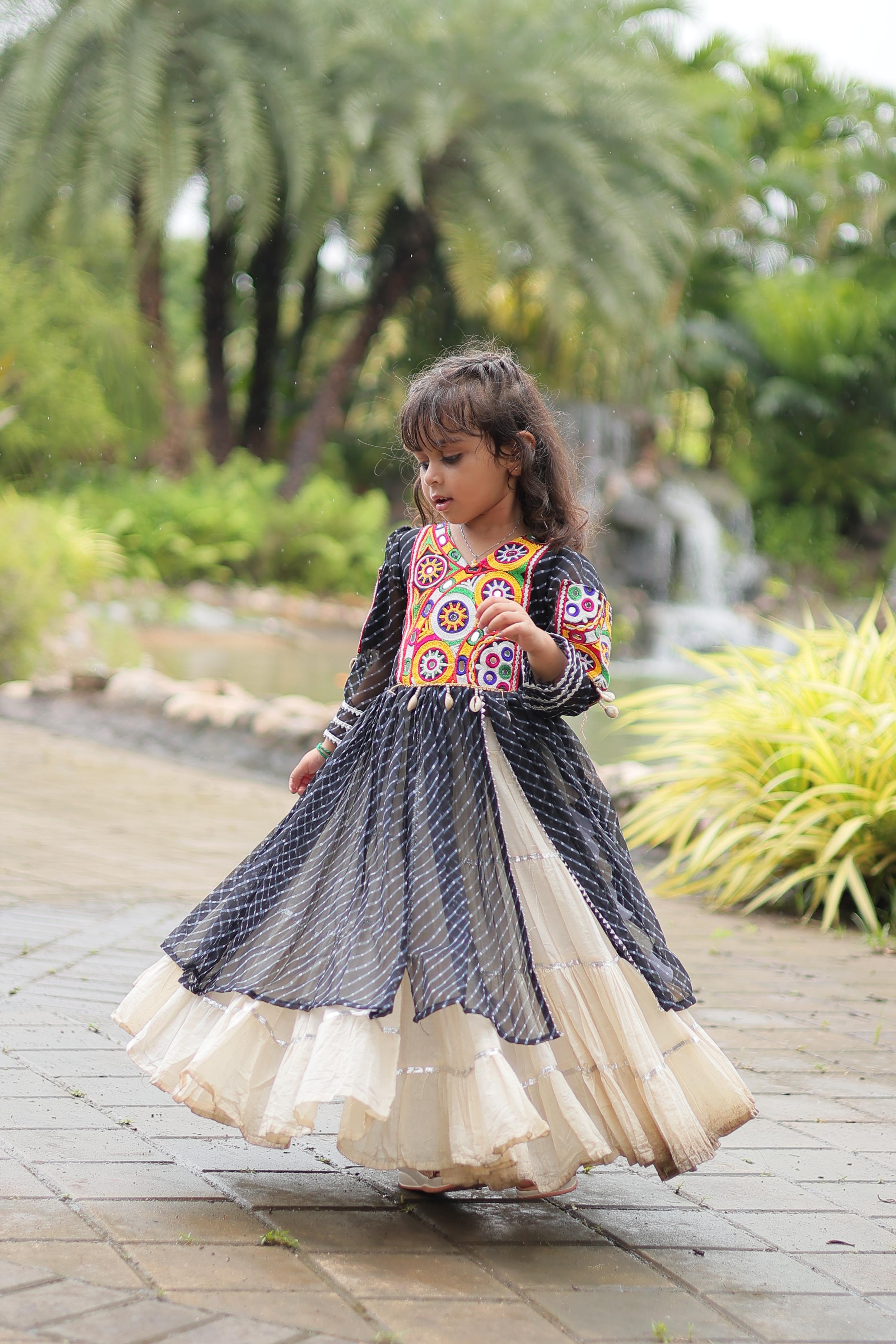 Traditional Wear Black Color Kora Cotton With Standard Frill Stitching Kurti With Lehenga Mother And Daughter Dress