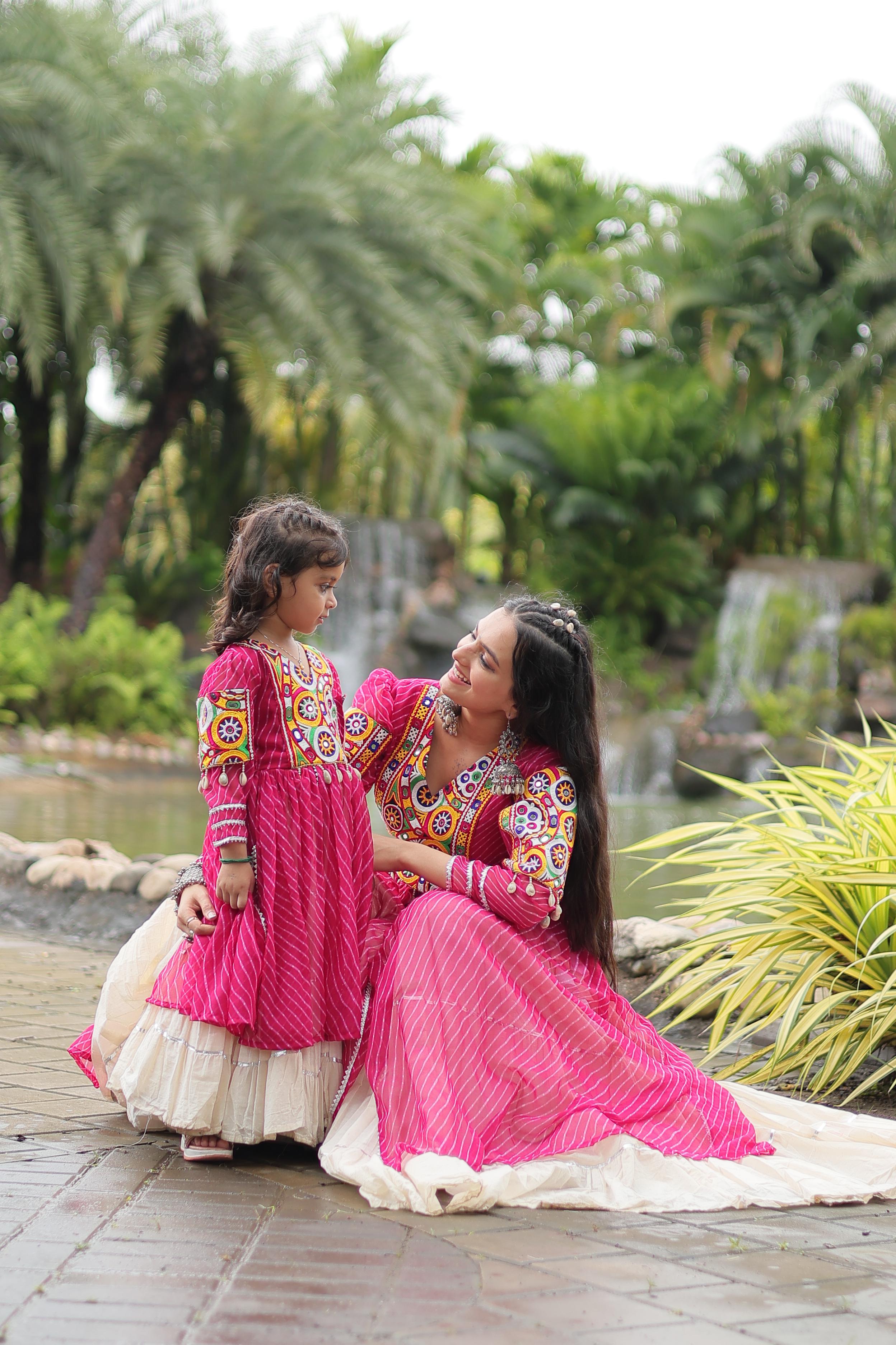 Traditional Wear Pink Color Kora Cotton With Standard Frill Stitching Kurti With Lehenga Mother And Daughter Dress