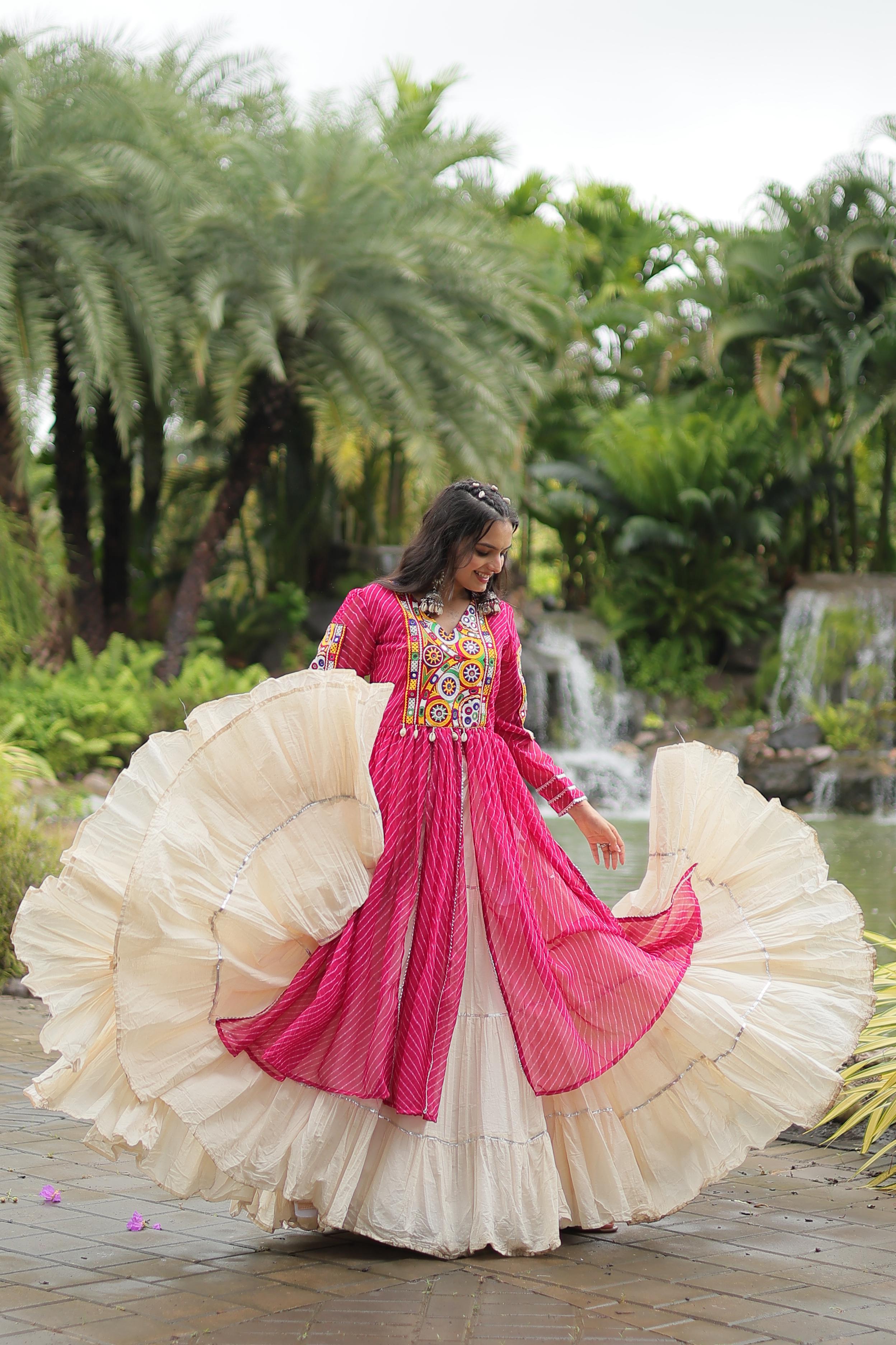 Special Navratri Wear Pink Color Kora Cotton With Standard Frill Stitching Kurti With Lehenga