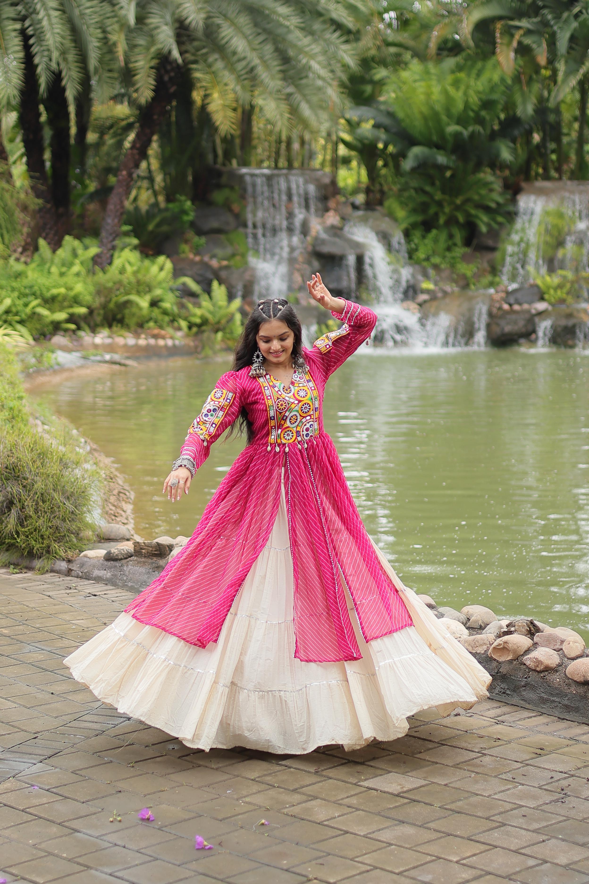 Special Navratri Wear Pink Color Kora Cotton With Standard Frill Stitching Kurti With Lehenga