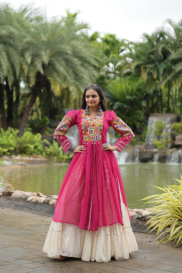 Special Navratri Wear Pink Color Kora Cotton With Standard Frill Stitching Kurti With Lehenga