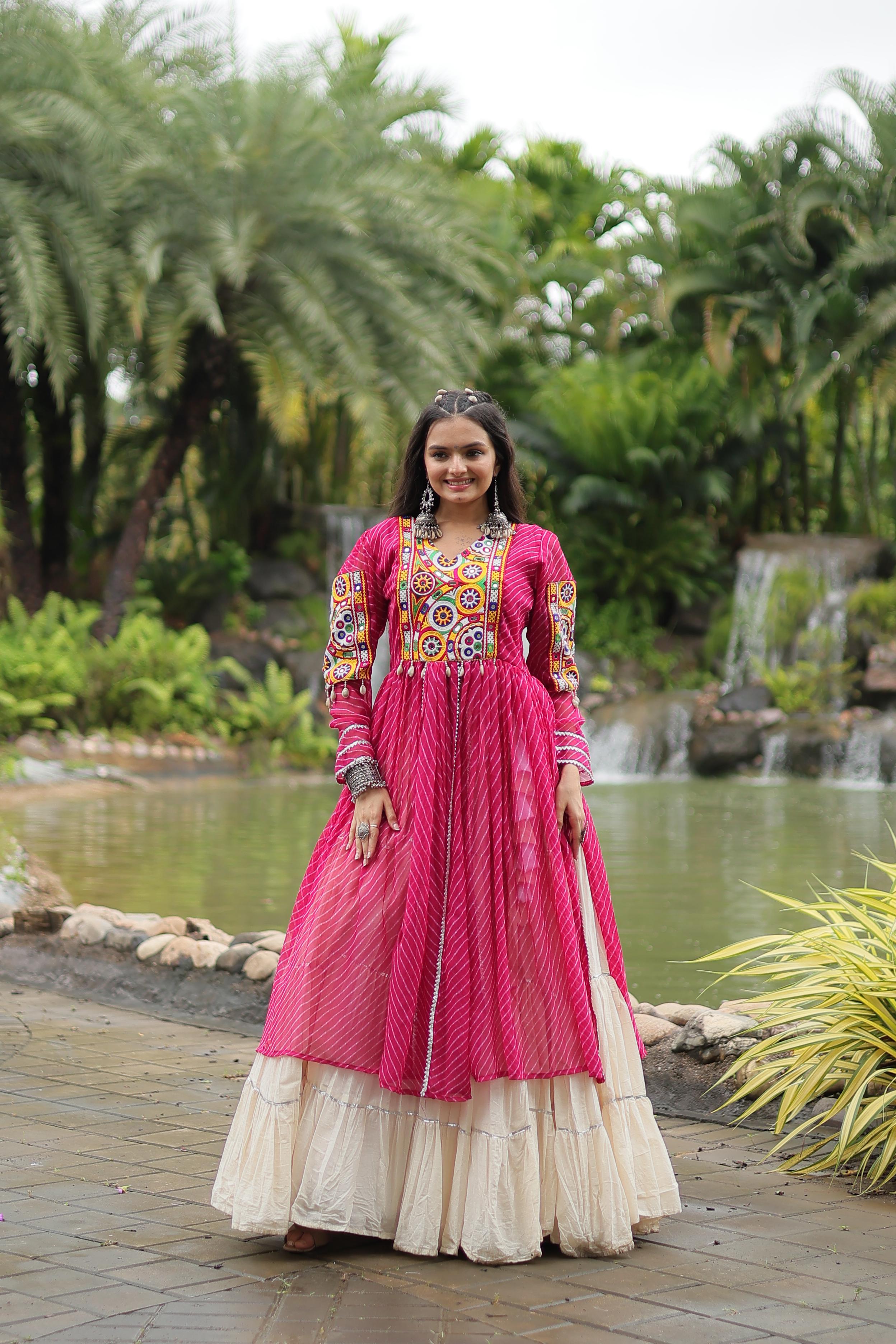 Special Navratri Wear Pink Color Kora Cotton With Standard Frill Stitching Kurti With Lehenga