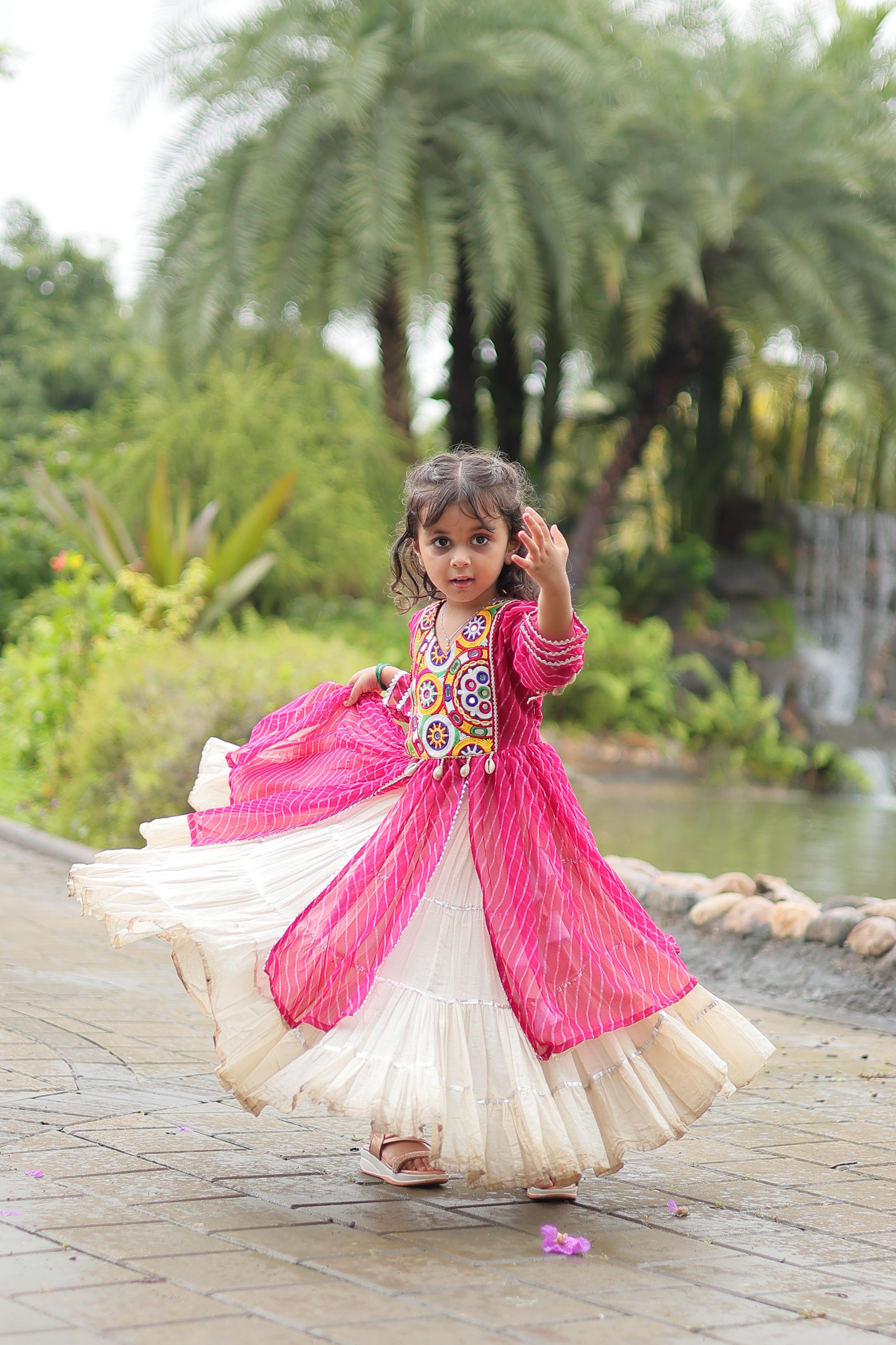 Traditional Wear Pink Color Kora Cotton With Standard Frill Stitching Kurti With Lehenga Mother And Daughter Dress