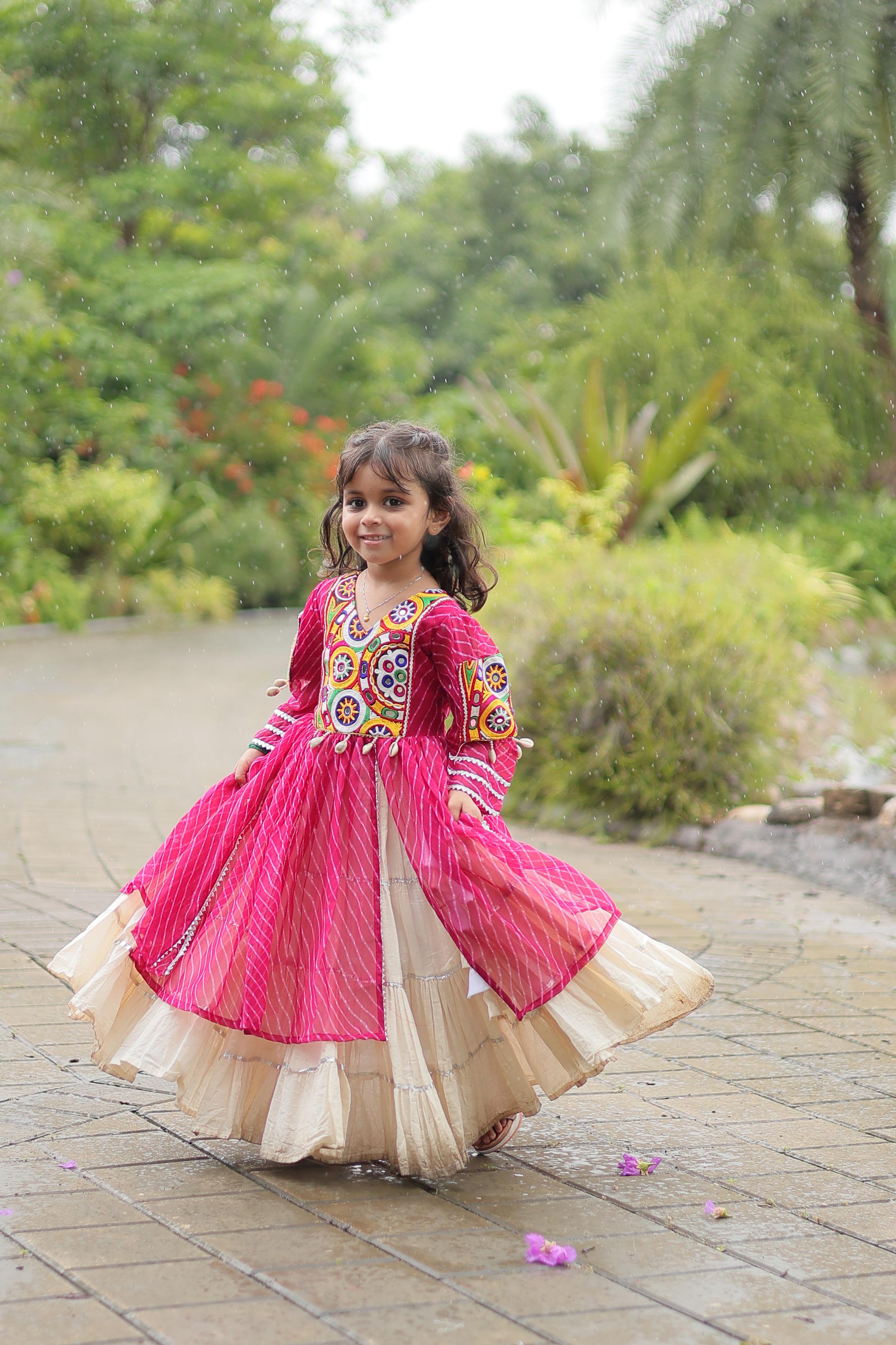 Traditional Wear Pink Color Kora Cotton With Standard Frill Stitching Kurti With Lehenga Mother And Daughter Dress