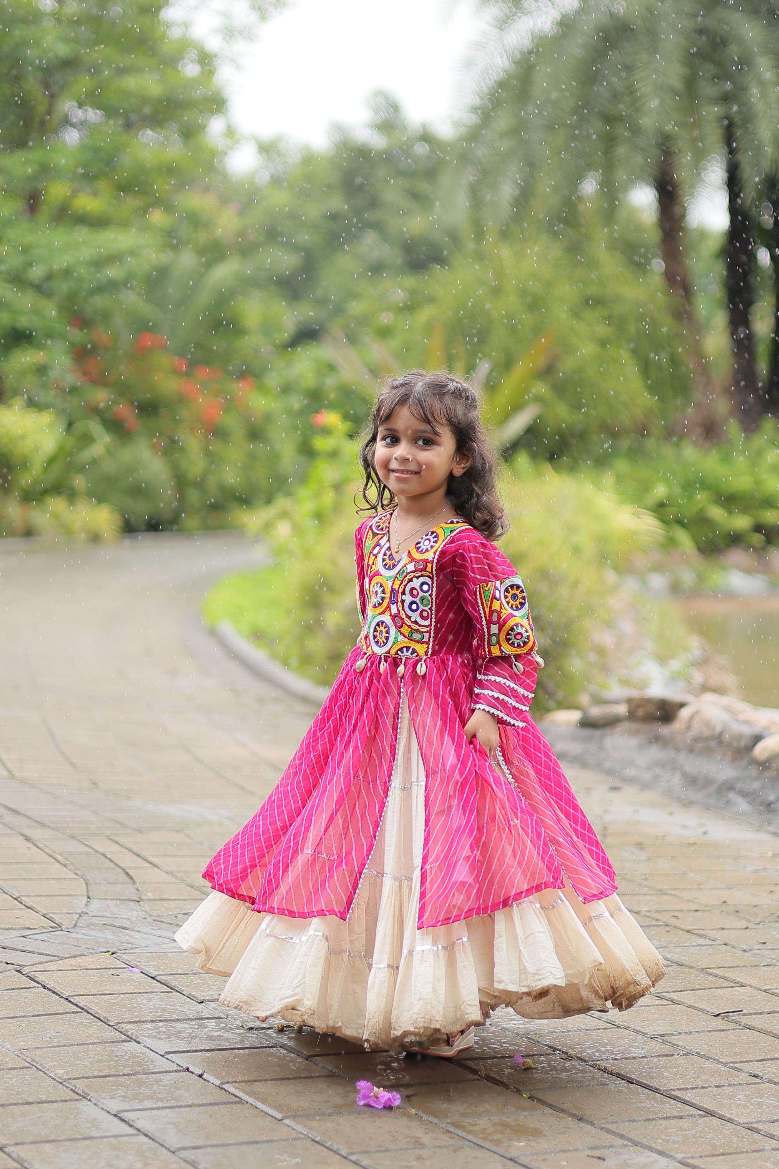 Traditional Wear Pink Color Kora Cotton With Standard Frill Stitching Kurti With Lehenga Mother And Daughter Dress