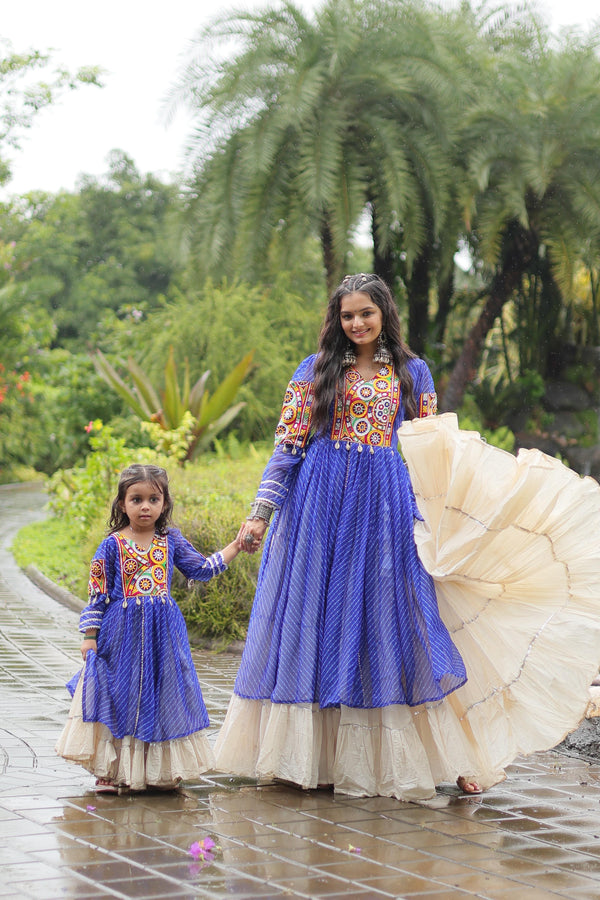 Traditional Wear Blue Color Kora Cotton With Standard Frill Stitching Kurti With Lehenga Mother And Daughter Dress