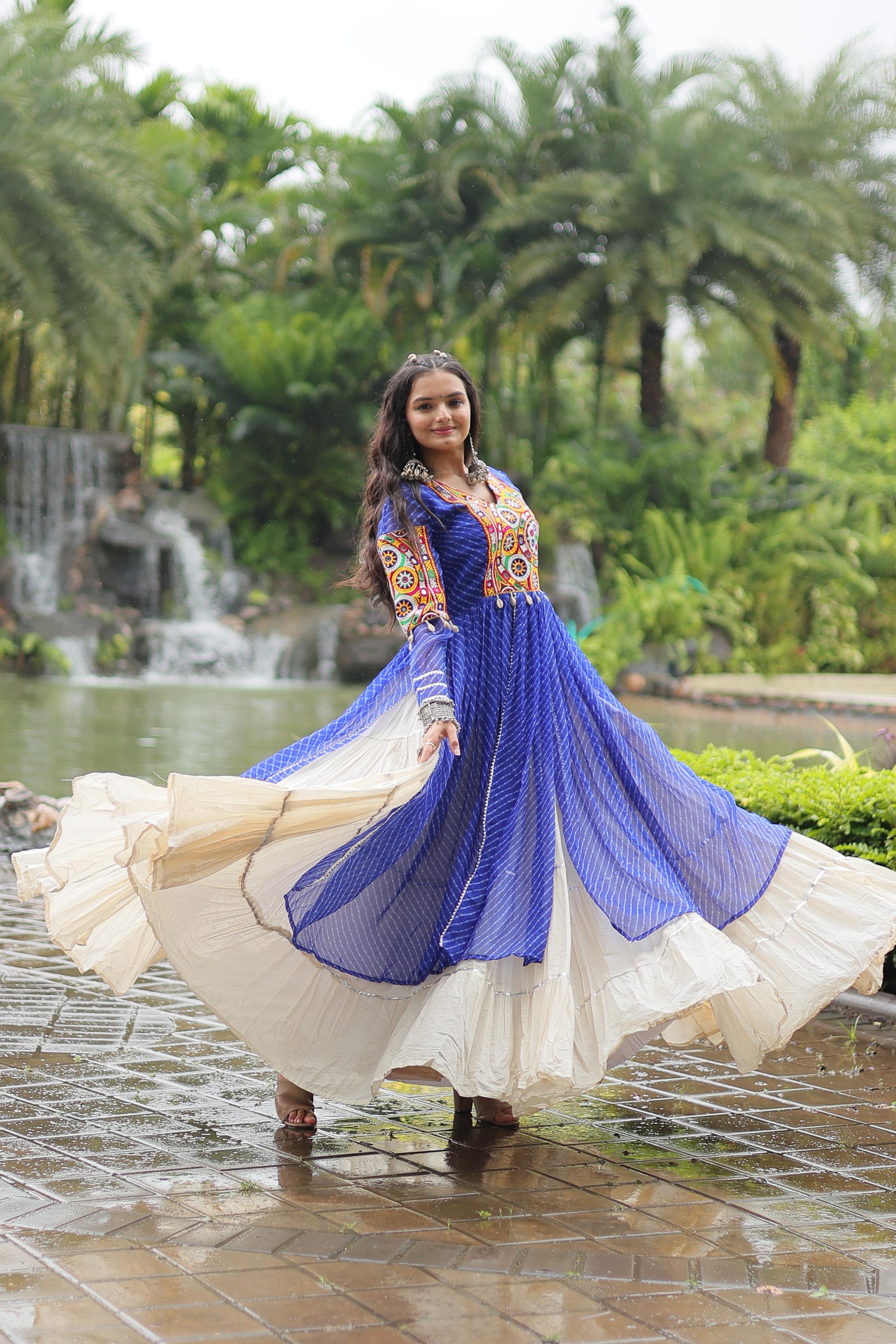 Traditional Wear Blue Color Kora Cotton With Standard Frill Stitching Kurti With Lehenga Mother And Daughter Dress