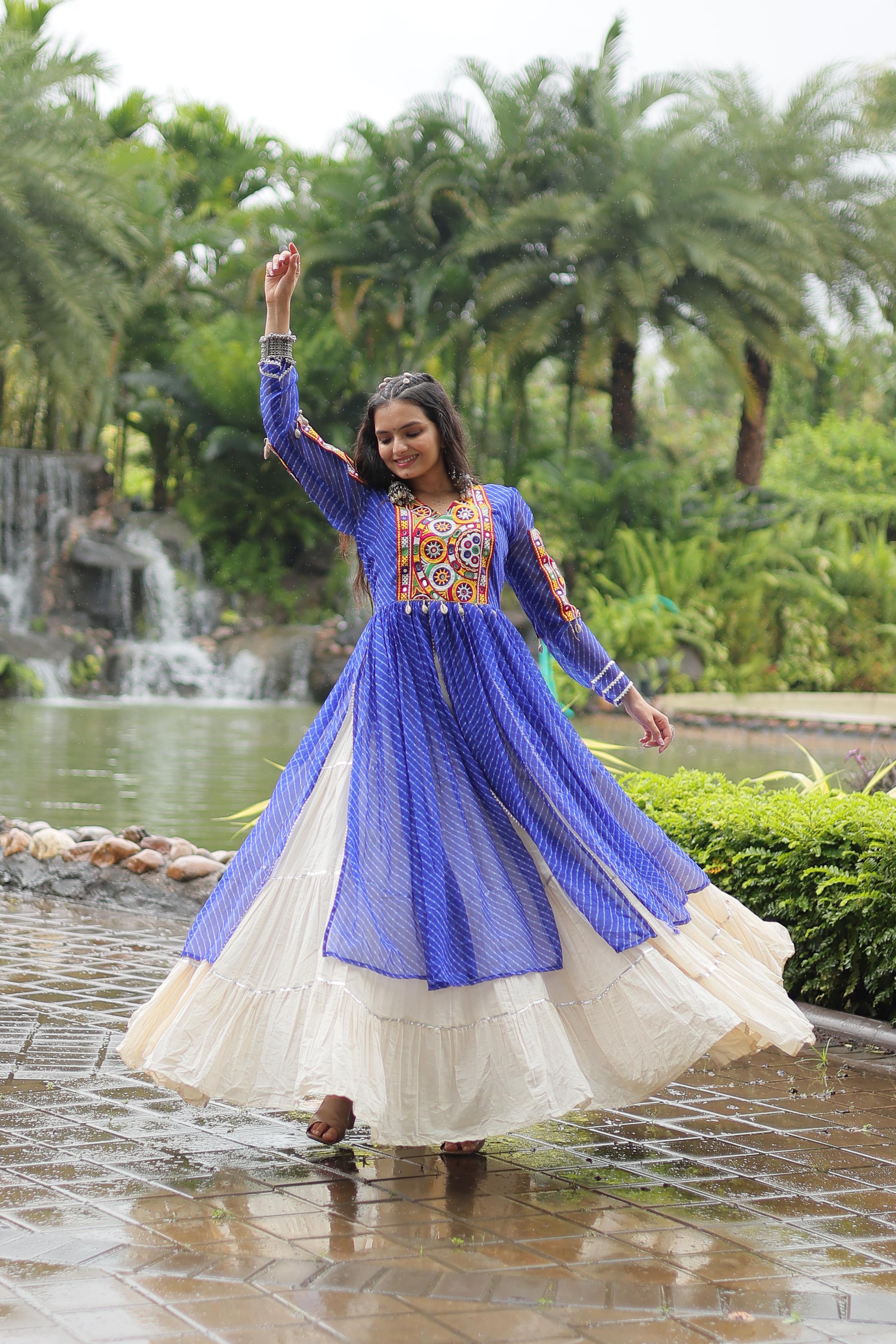 Traditional Wear Blue Color Kora Cotton With Standard Frill Stitching Kurti With Lehenga Mother And Daughter Dress