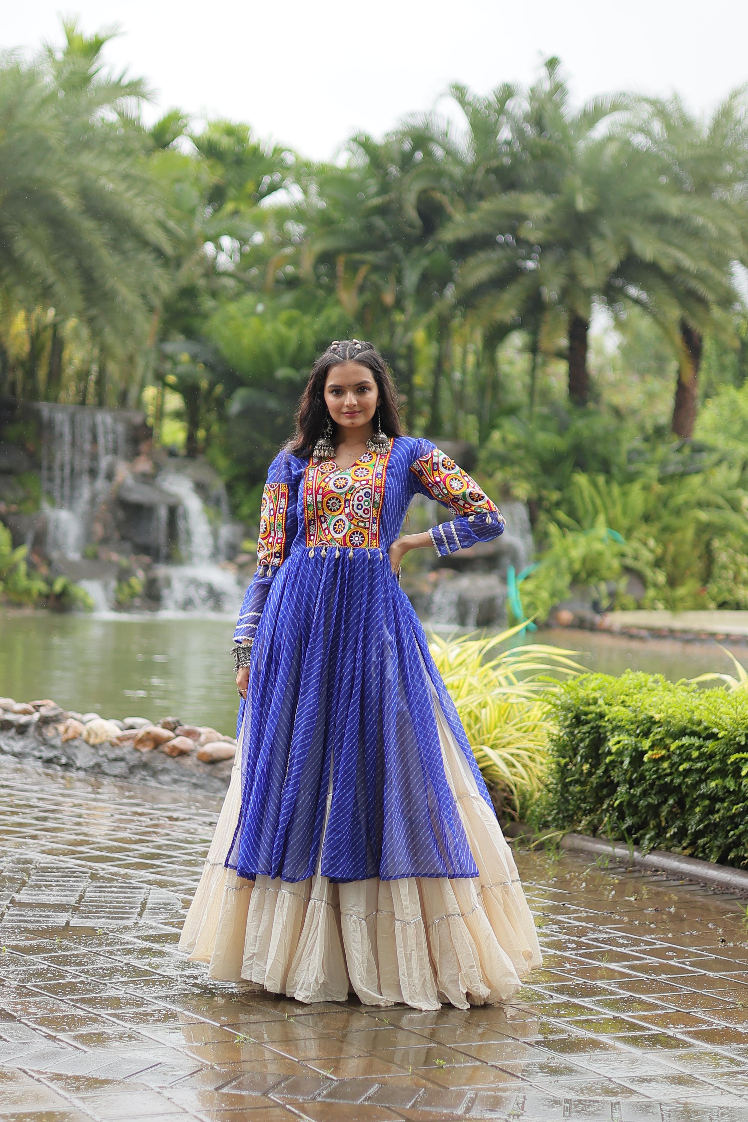 Special Navratri Wear Blue Color Kora Cotton With Standard Frill Stitching Kurti With Lehenga