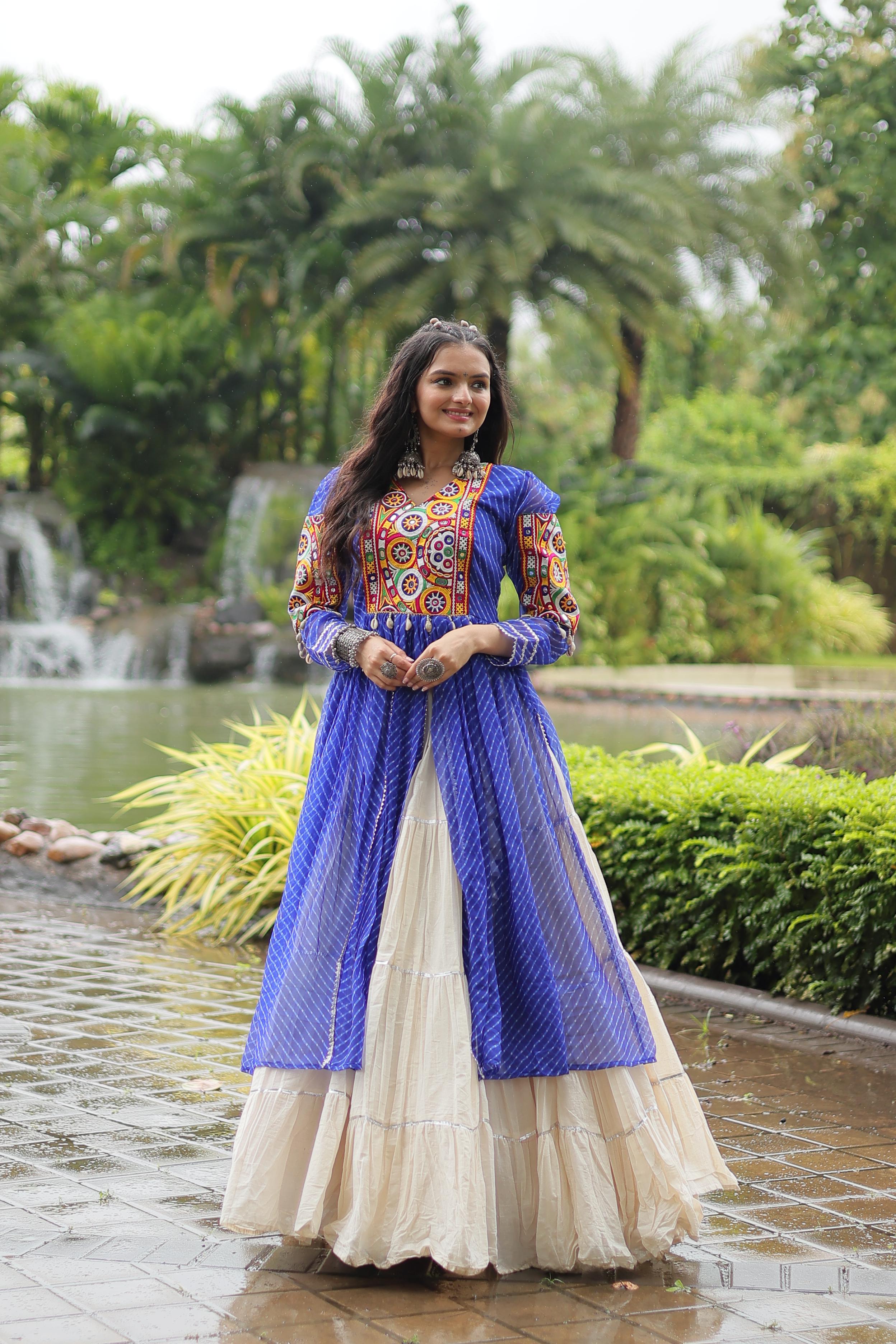 Traditional Wear Blue Color Kora Cotton With Standard Frill Stitching Kurti With Lehenga Mother And Daughter Dress