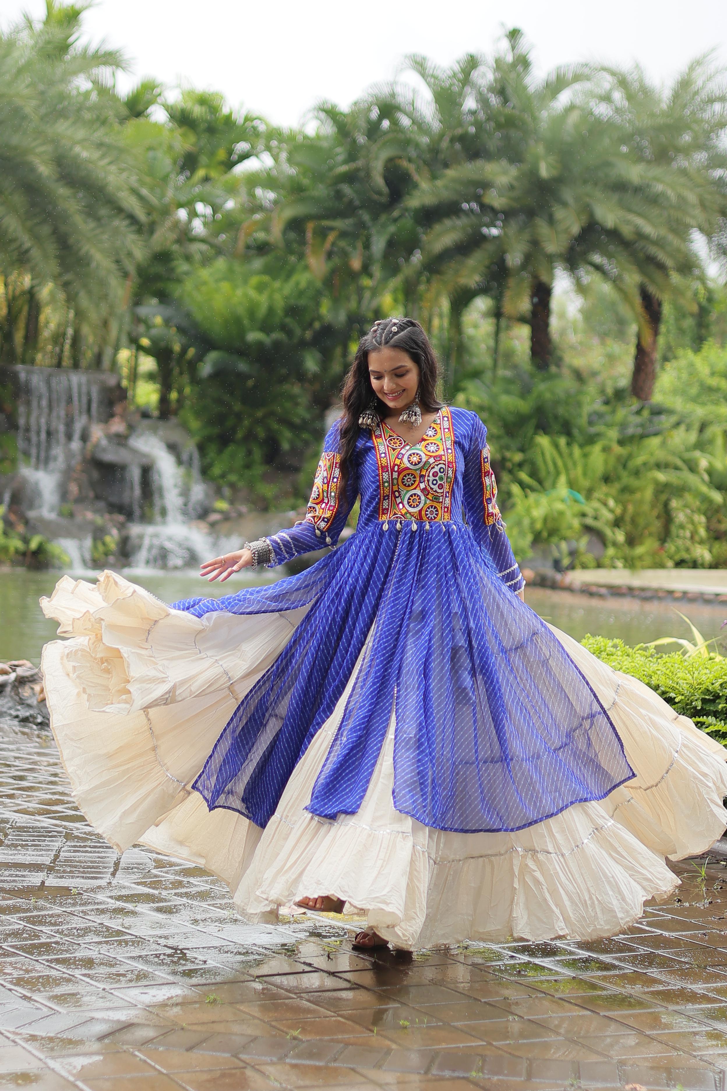 Traditional Wear Blue Color Kora Cotton With Standard Frill Stitching Kurti With Lehenga Mother And Daughter Dress