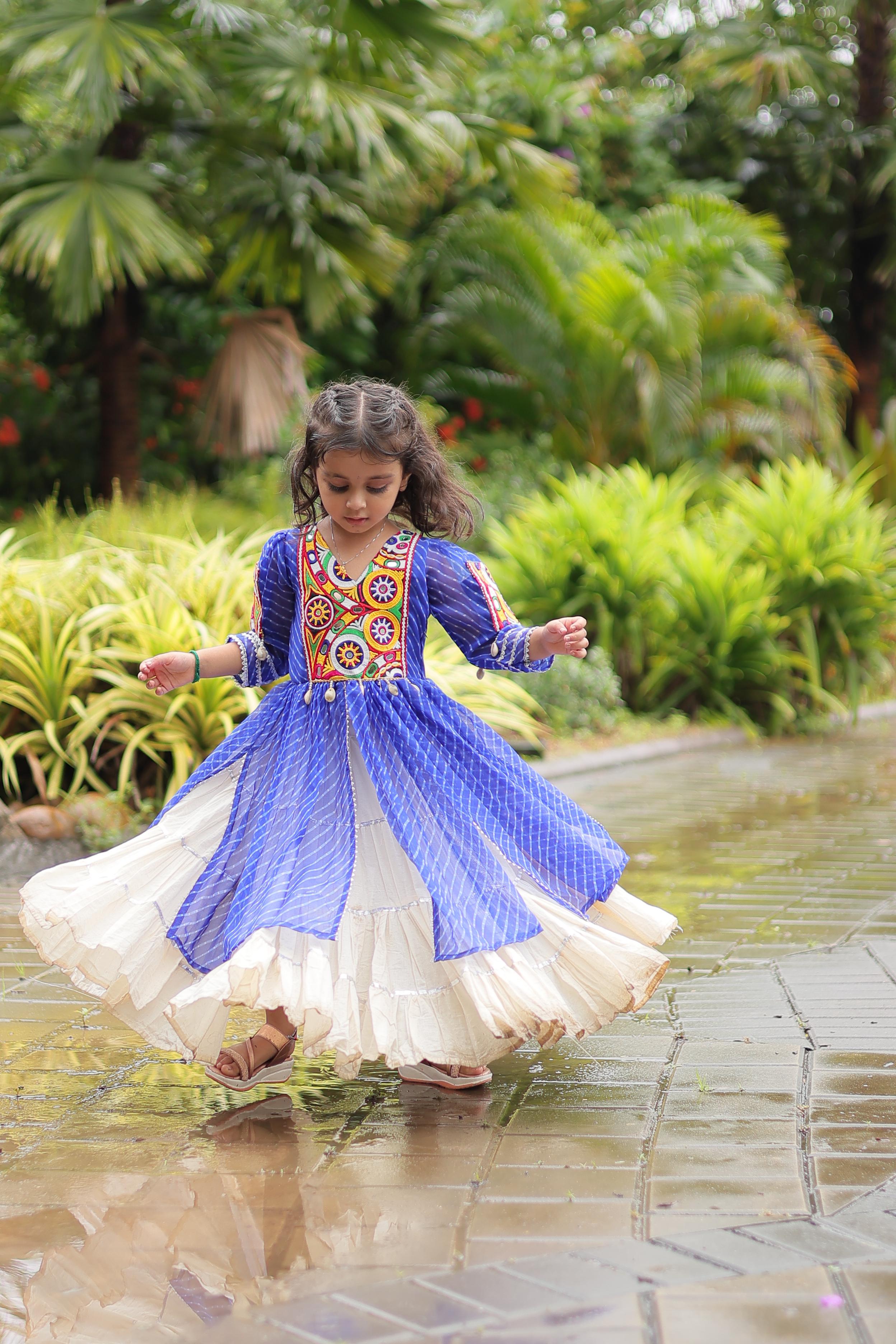 Traditional Wear Blue Color Kora Cotton With Standard Frill Stitching Kurti With Lehenga Mother And Daughter Dress