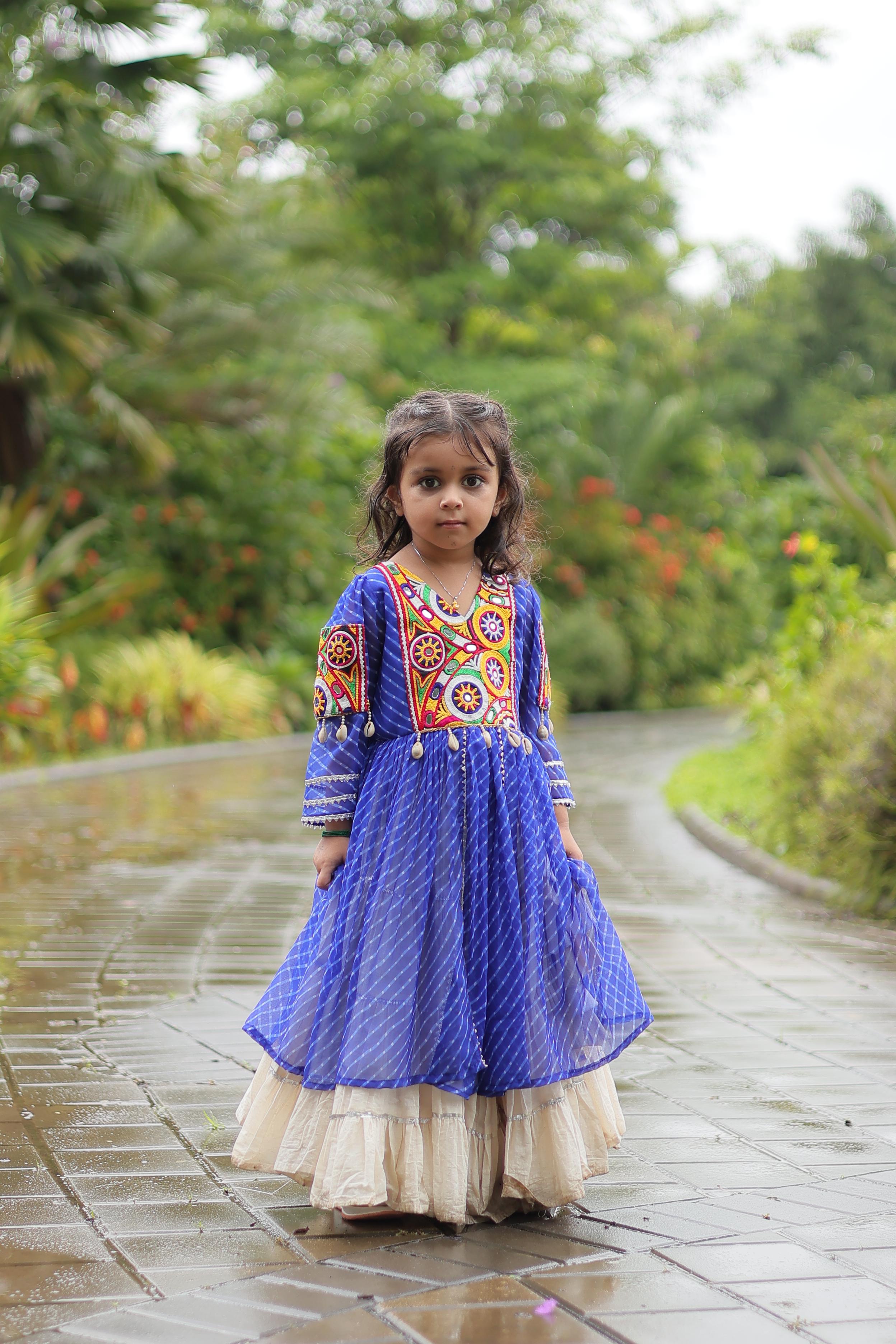 Traditional Wear Blue Color Kora Cotton With Standard Frill Stitching Kurti With Lehenga Mother And Daughter Dress