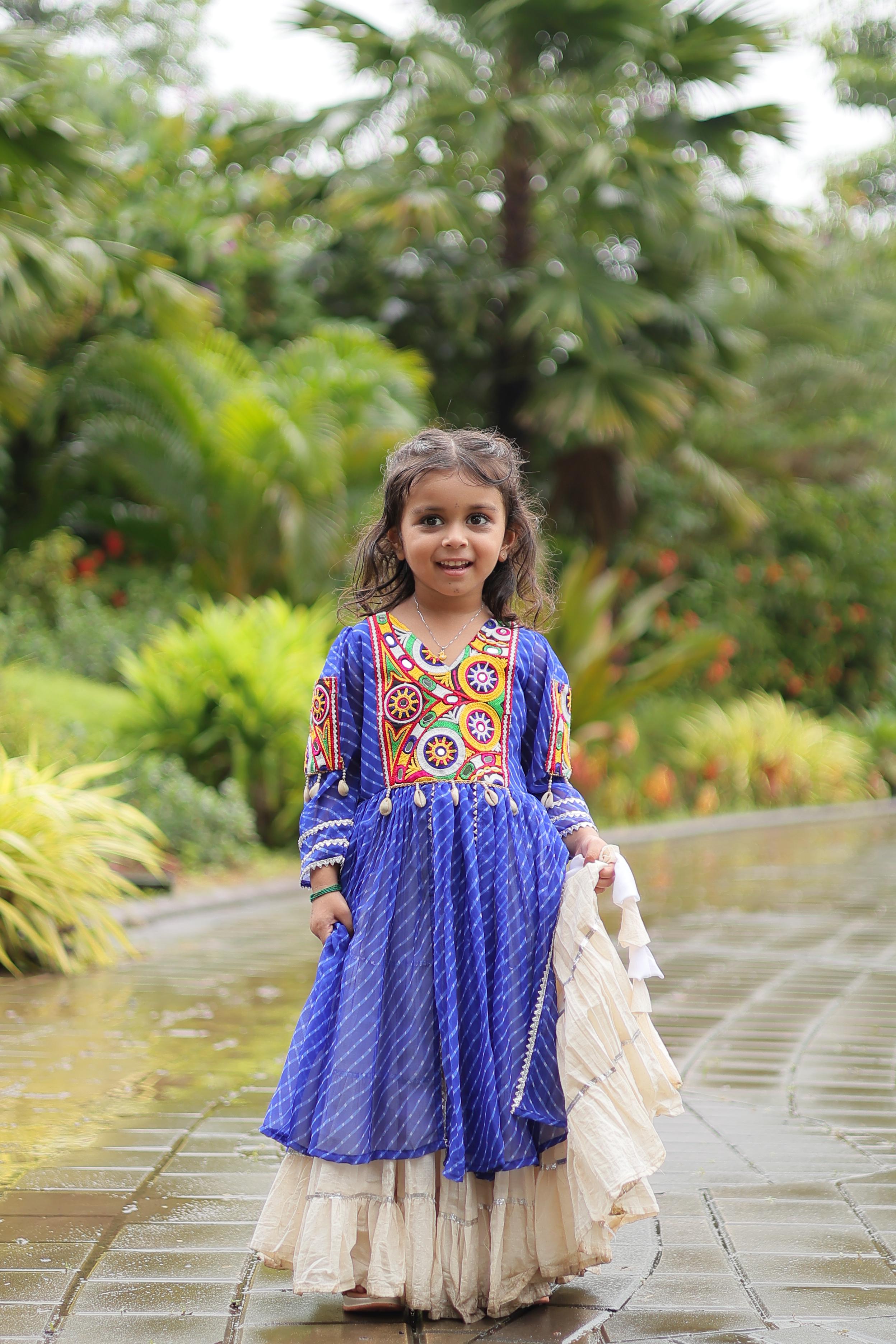 Traditional Wear Blue Color Kora Cotton With Standard Frill Stitching Kurti With Lehenga Mother And Daughter Dress