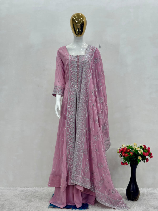 Wedding Wear Lavender Color Heavy Faux Georgette With Embroidery Sequence Work Designer Sharara Suit