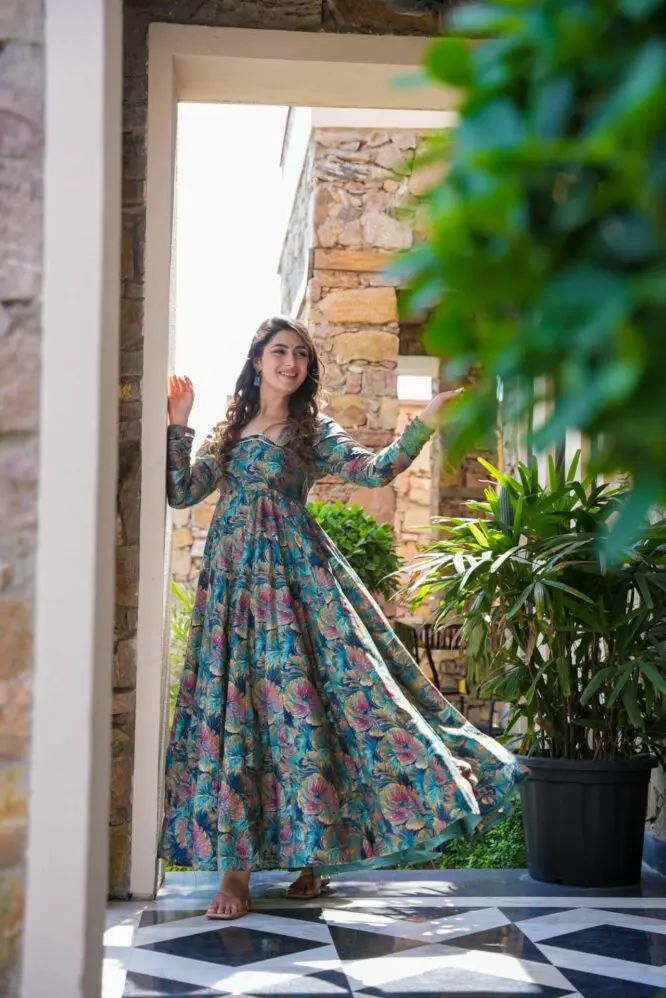 Eyes Catching Multi Color Muslin Digital Printed Designer Gown