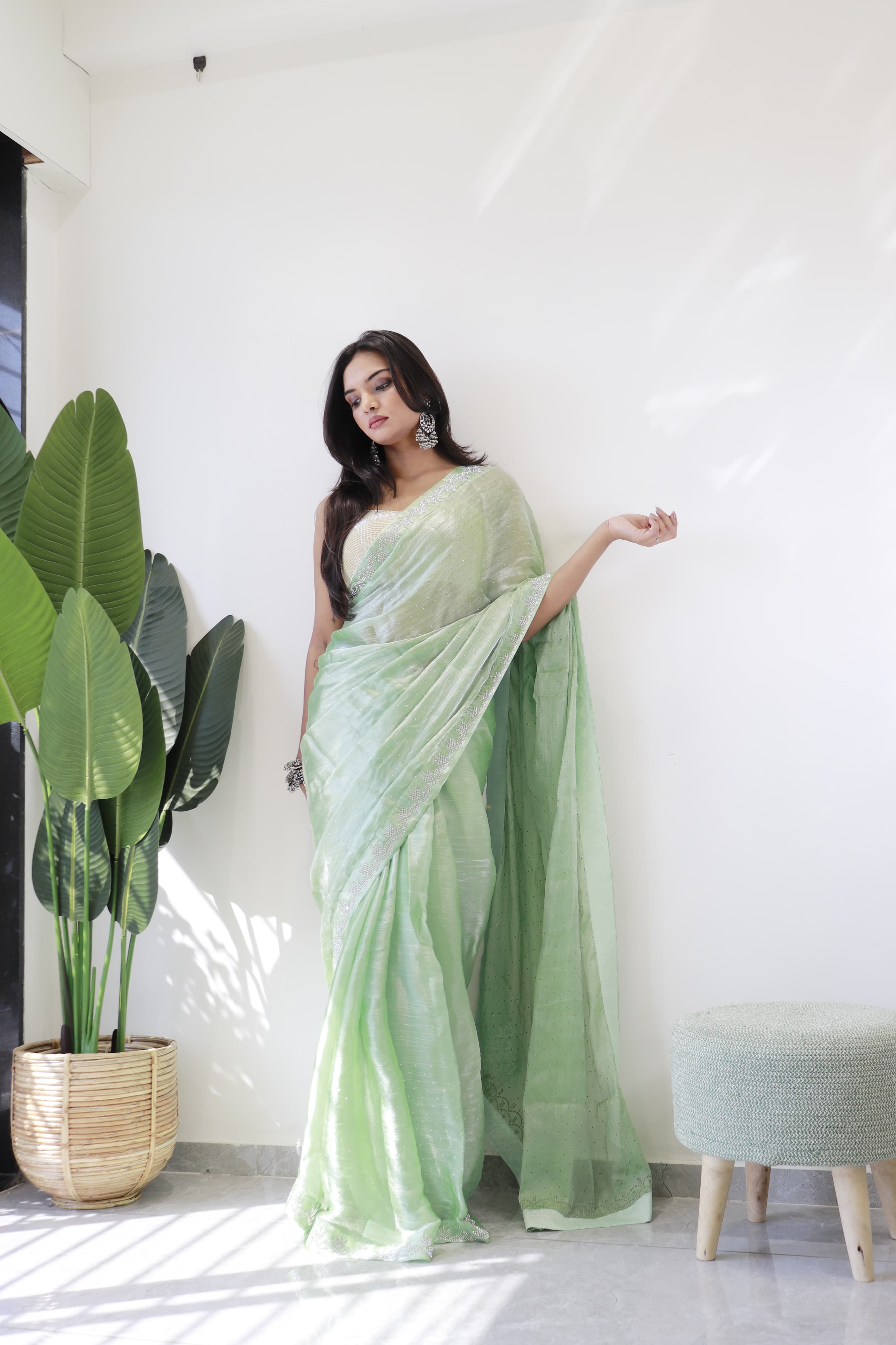 Ceremony Wear Pista Green Color Pure Soft Jimmy Silk With Amazing Jharkhan Work With Siroski Designer Saree