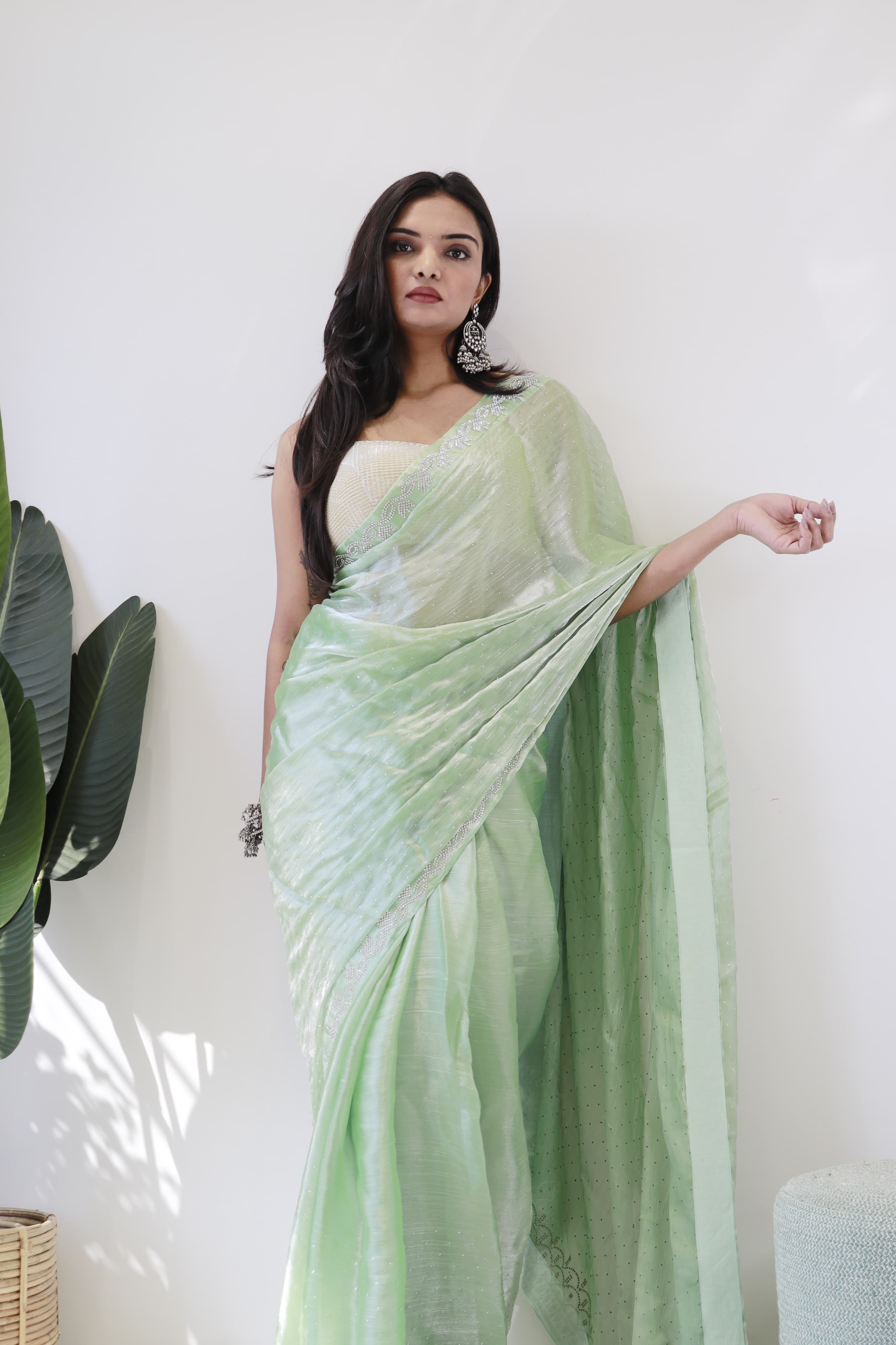 Ceremony Wear Pista Green Color Pure Soft Jimmy Silk With Amazing Jharkhan Work With Siroski Designer Saree