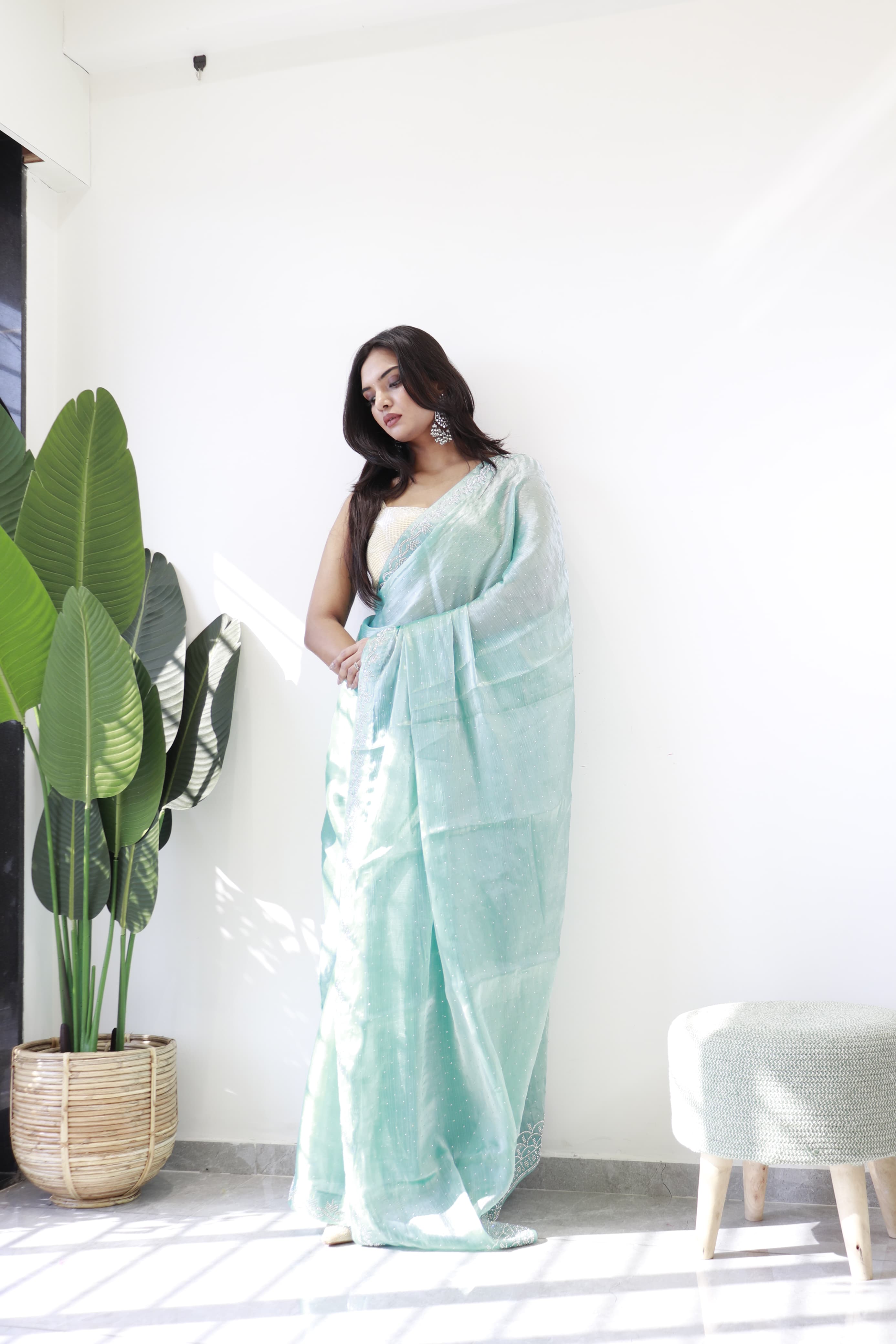 Party Wear Sky Blue Color Pure Soft Jimmy Silk With Amazing Jharkhan Work With Siroski Designer Saree