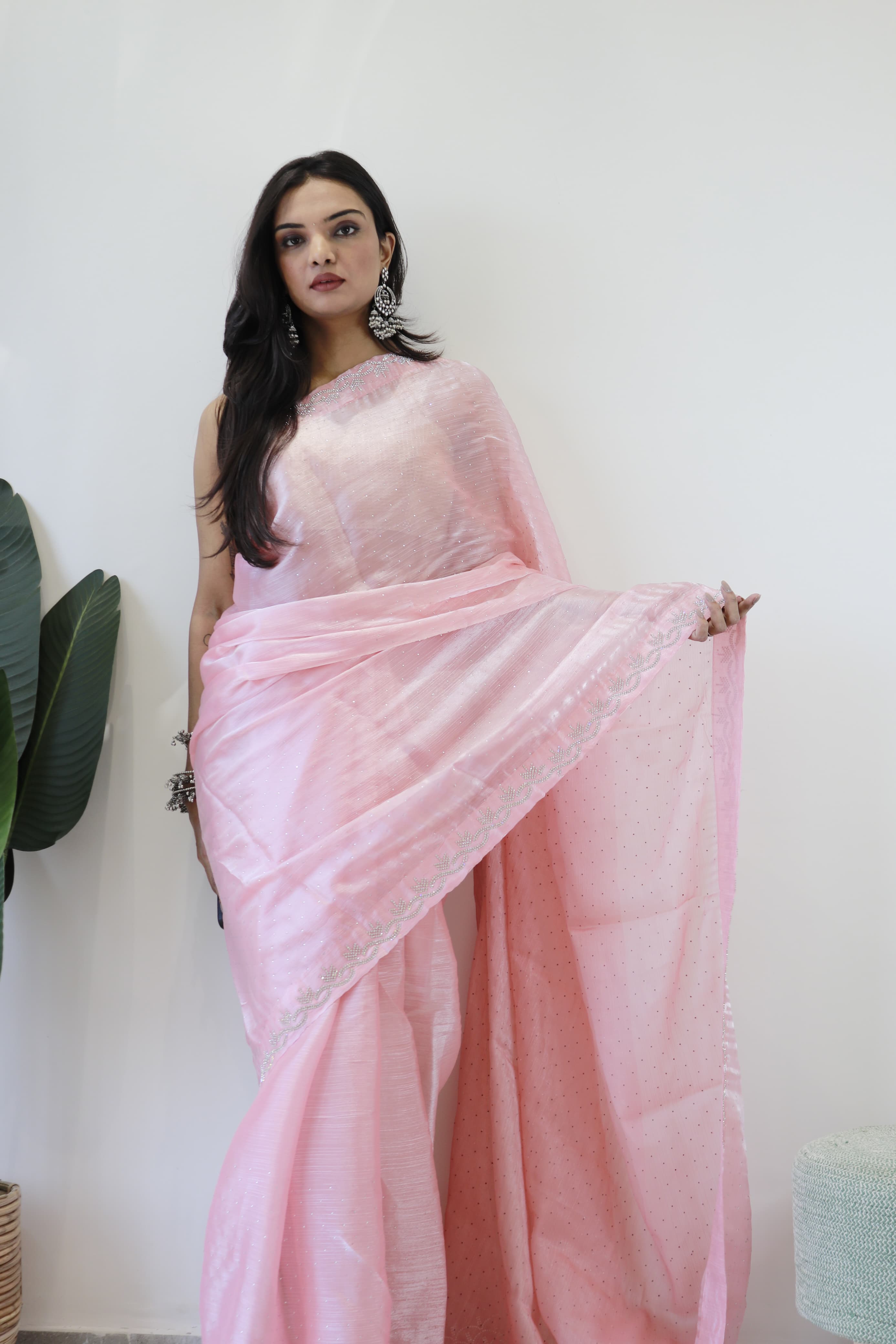 Celebrity Style Peach Color Pure Soft Jimmy Silk With Amazing Jharkhan Work With Siroski Designer Saree