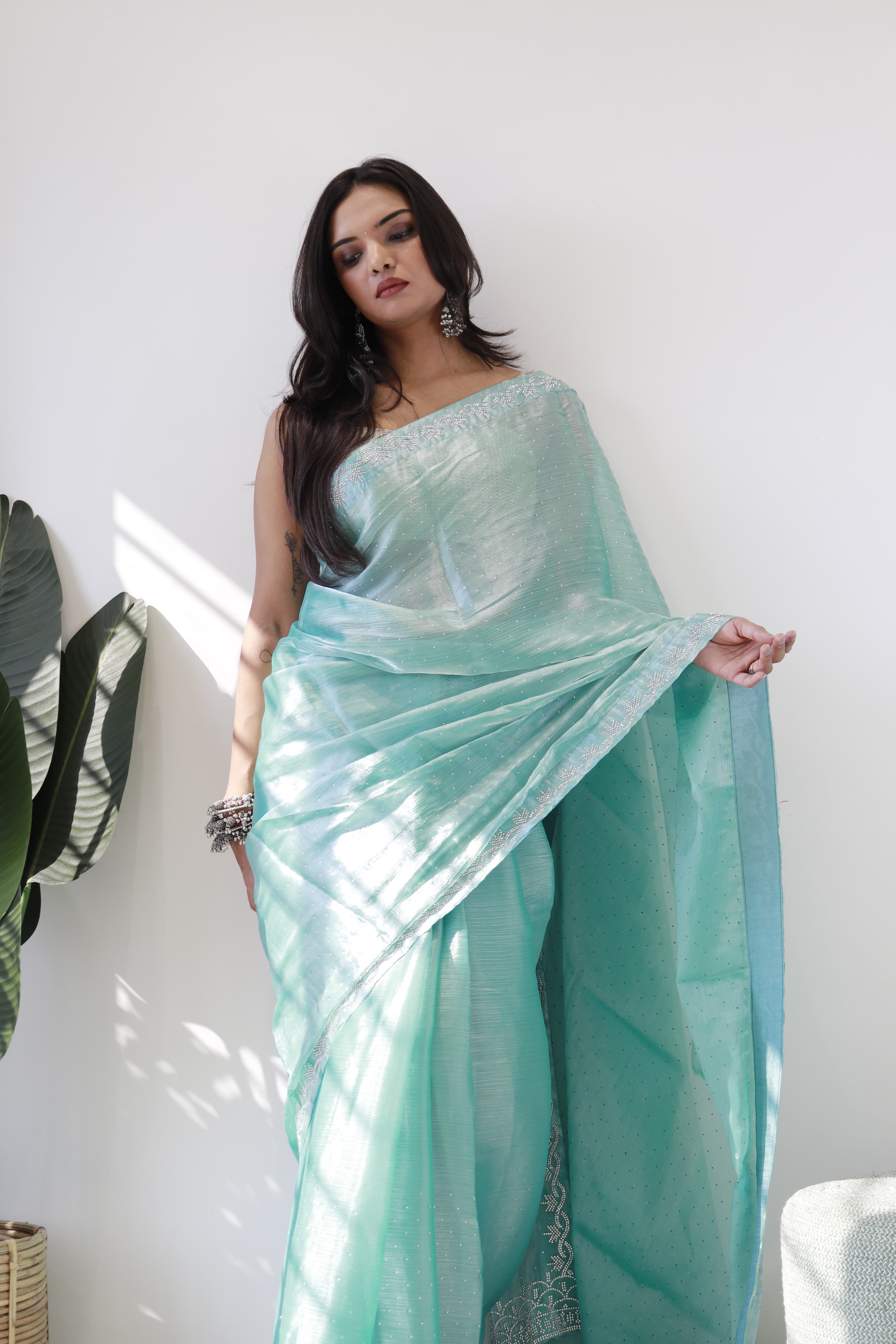 Party Wear Sky Blue Color Pure Soft Jimmy Silk With Amazing Jharkhan Work With Siroski Designer Saree