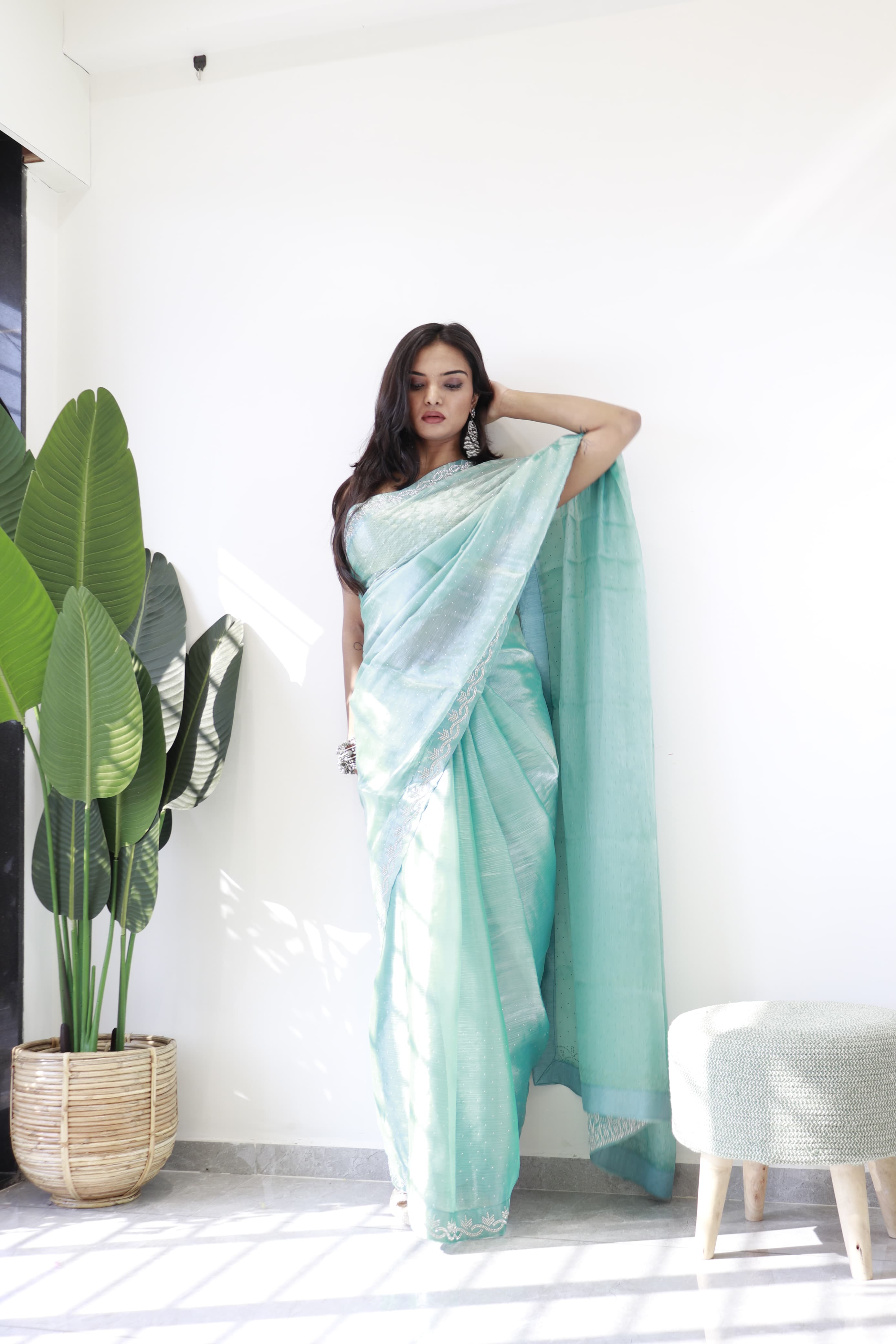 Party Wear Sky Blue Color Pure Soft Jimmy Silk With Amazing Jharkhan Work With Siroski Designer Saree