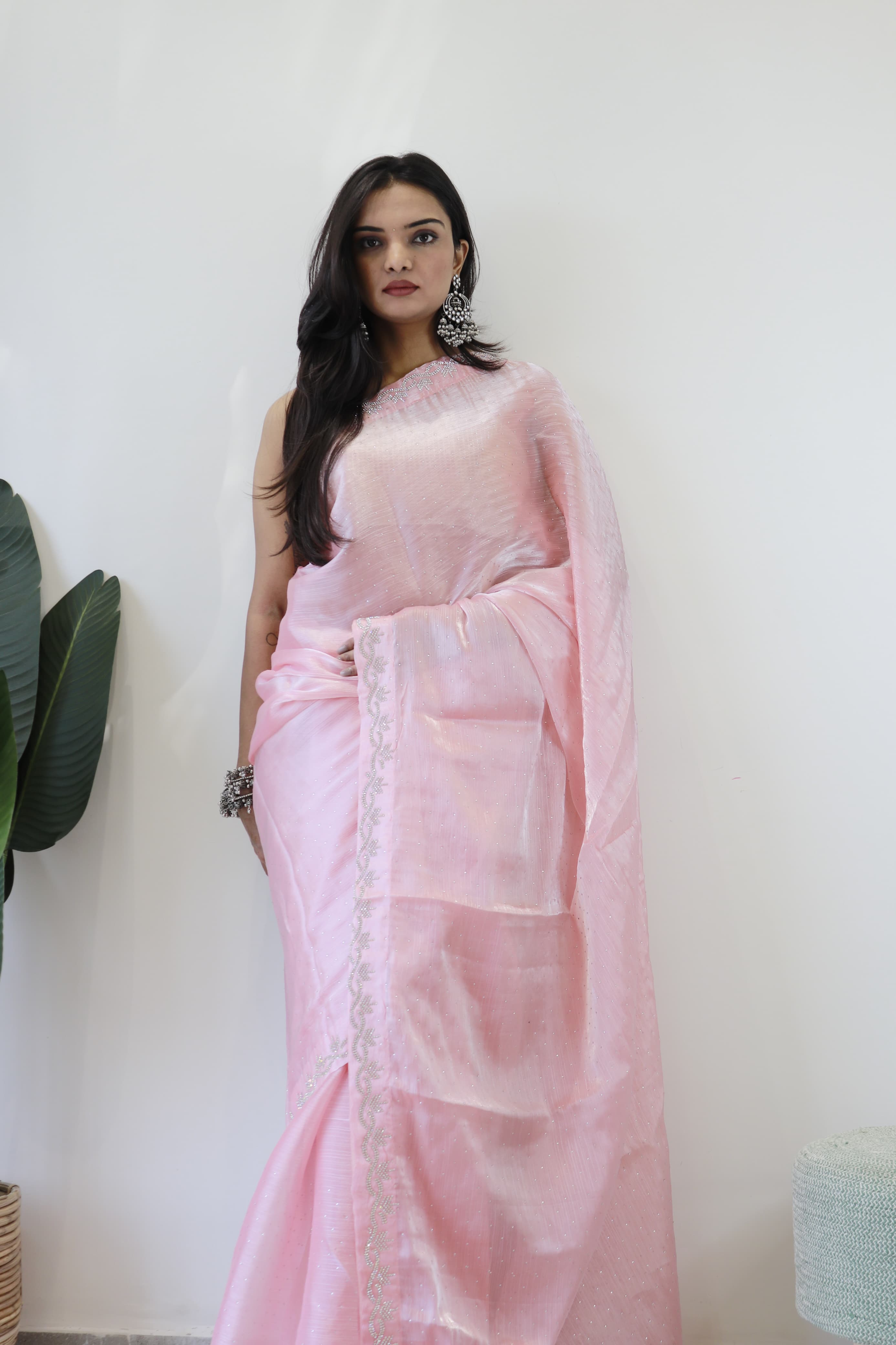 Celebrity Style Peach Color Pure Soft Jimmy Silk With Amazing Jharkhan Work With Siroski Designer Saree