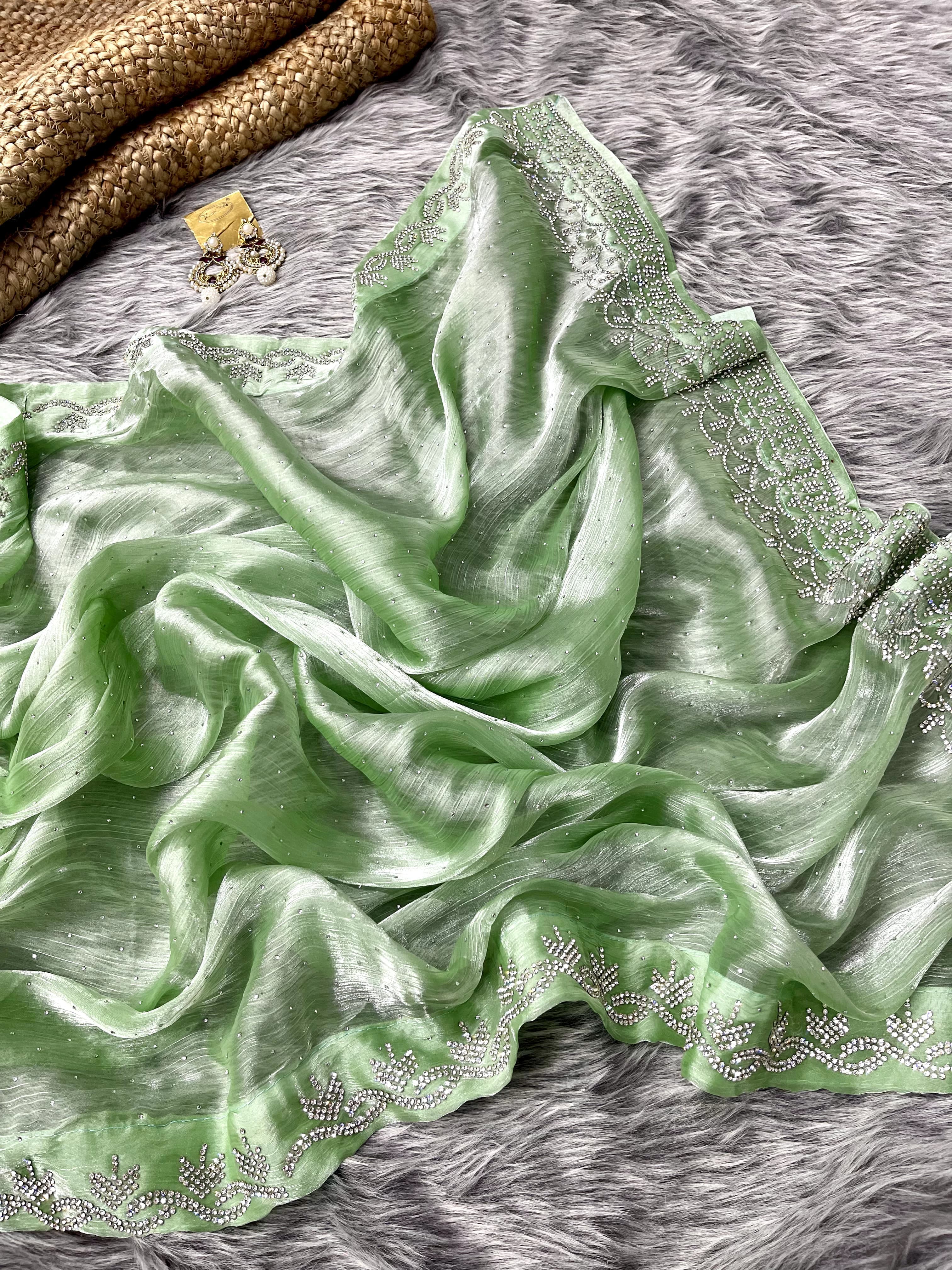 Ceremony Wear Pista Green Color Pure Soft Jimmy Silk With Amazing Jharkhan Work With Siroski Designer Saree