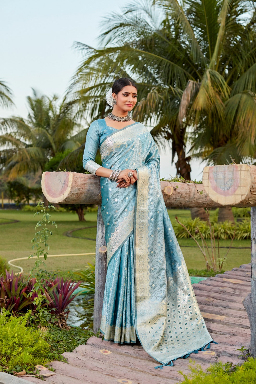 Party Wear Aqua Blue Color Pure Kanjivaram Soft Satin Silk Saree