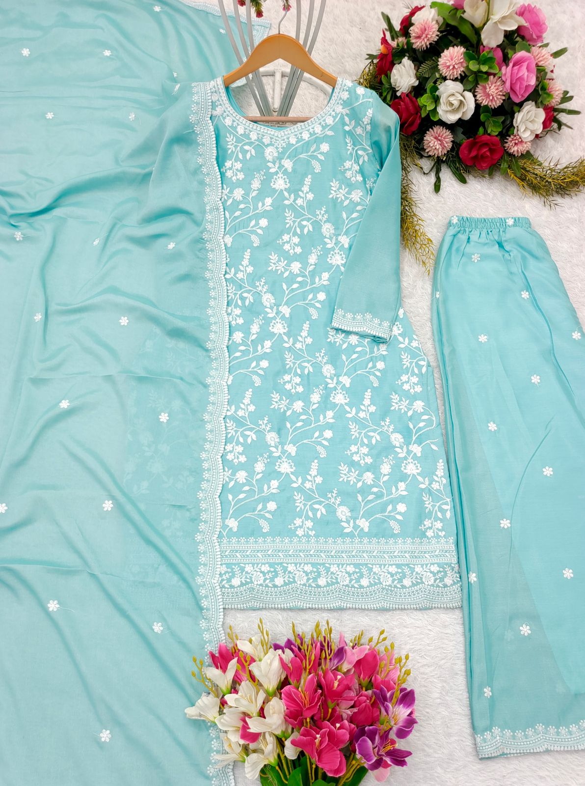 Mesmerizing Sky Color Pure Chinon Silk With Heavy Embroidery Cotton Thread Work Designer Sharara Suit