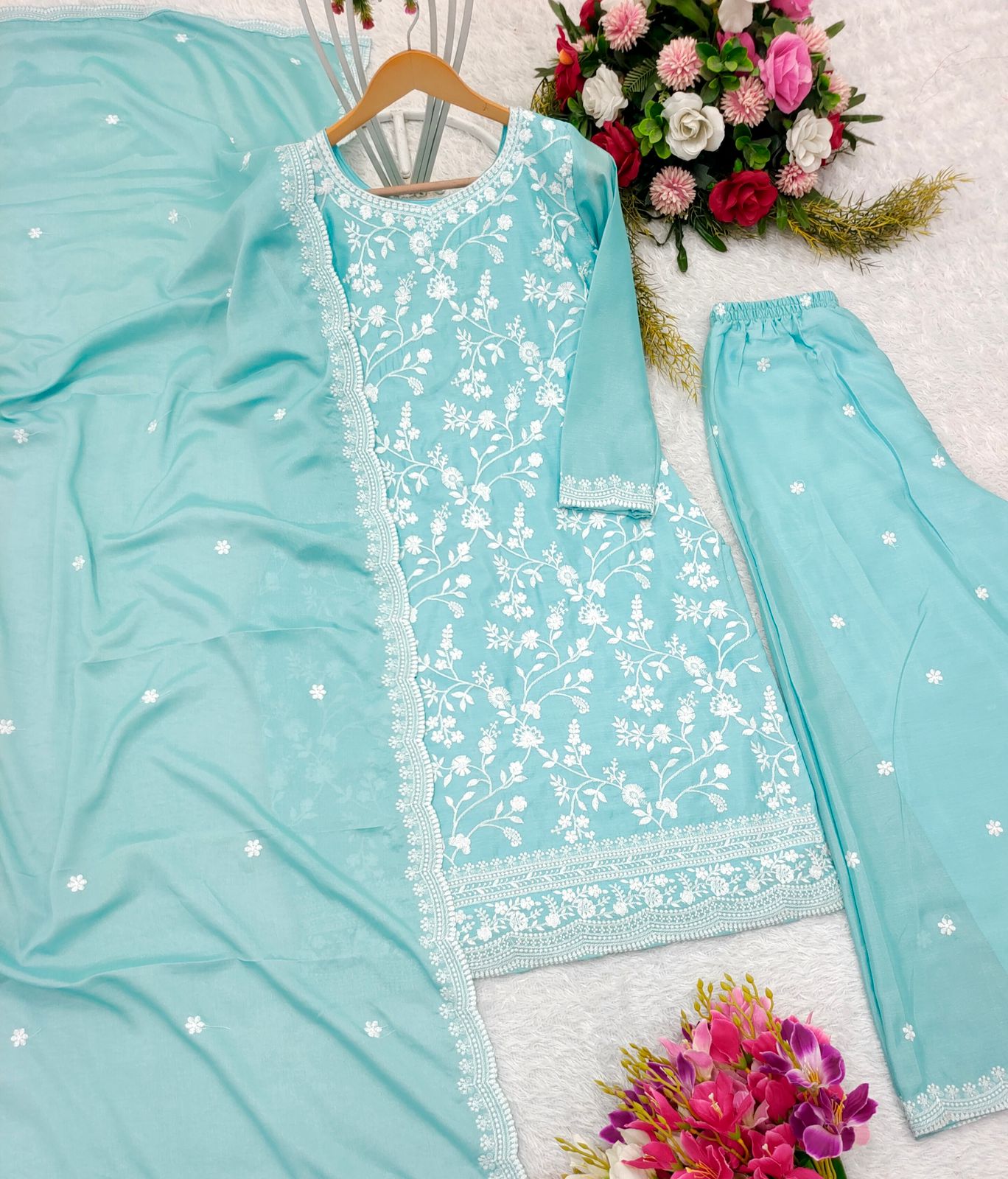 Mesmerizing Sky Color Pure Chinon Silk With Heavy Embroidery Cotton Thread Work Designer Sharara Suit