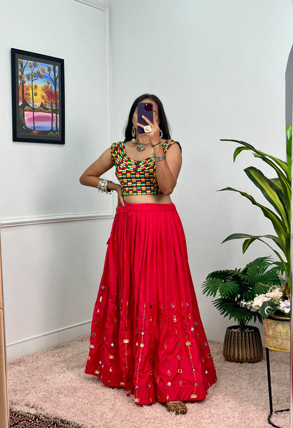 Garba Special Wear Red Color Rayon With Heavy Embroidery Work With Real Mirror Work Navratri Lehenga Choli