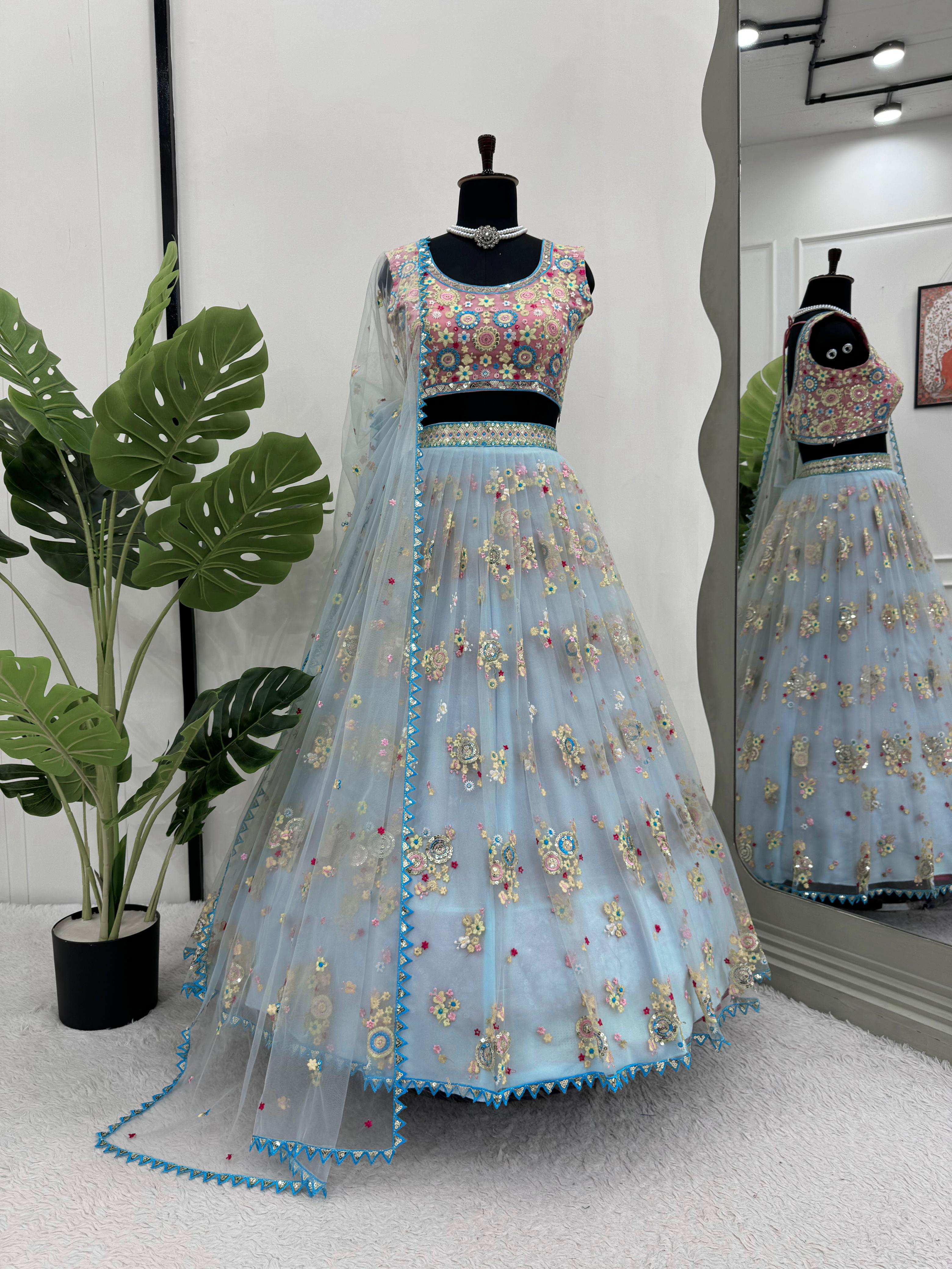 Reception Wear Sky Blue Butterfly Net Thread With Sequence Work Designer Lehenga Choli