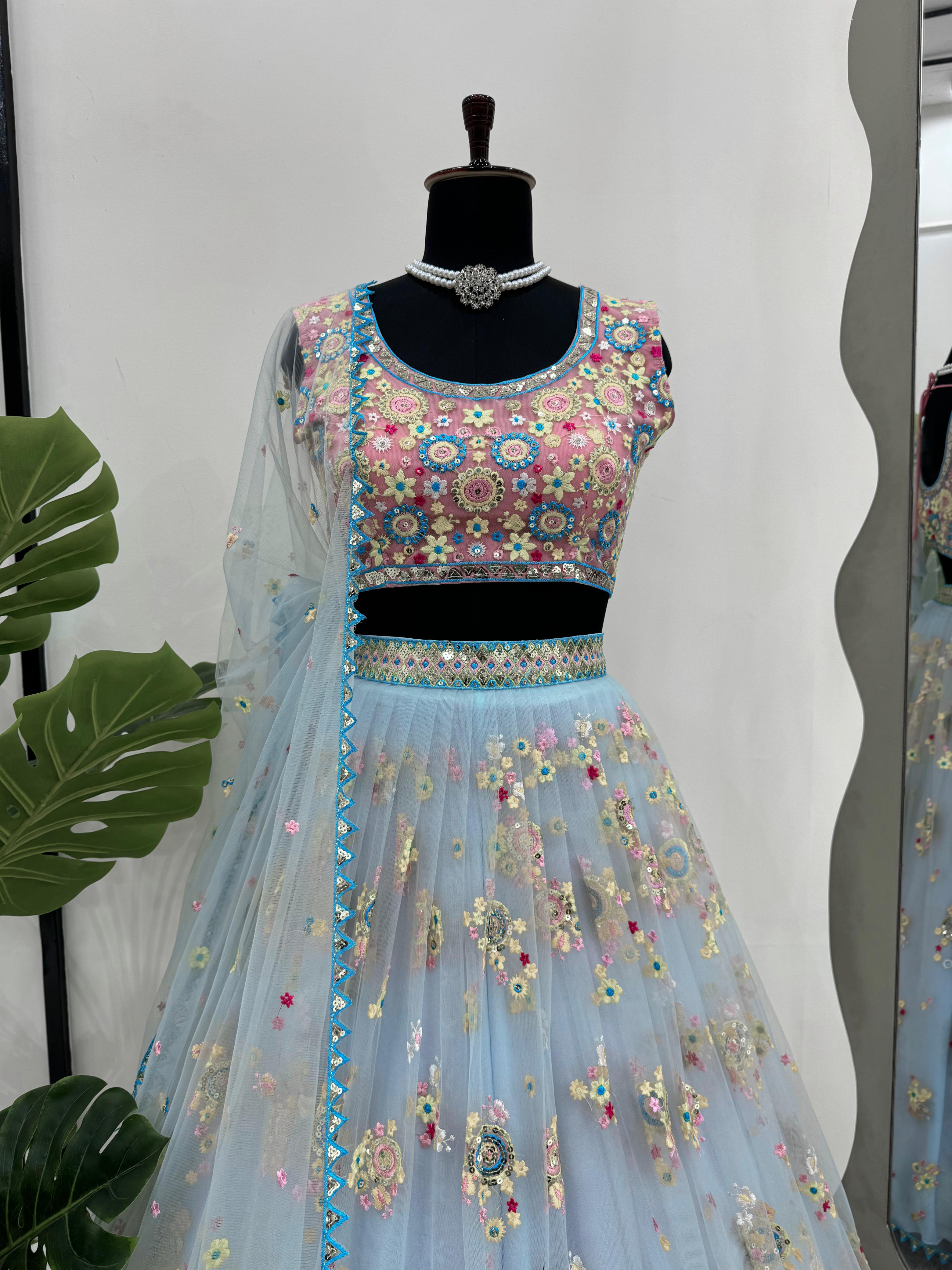 Reception Wear Sky Blue Butterfly Net Thread With Sequence Work Designer Lehenga Choli