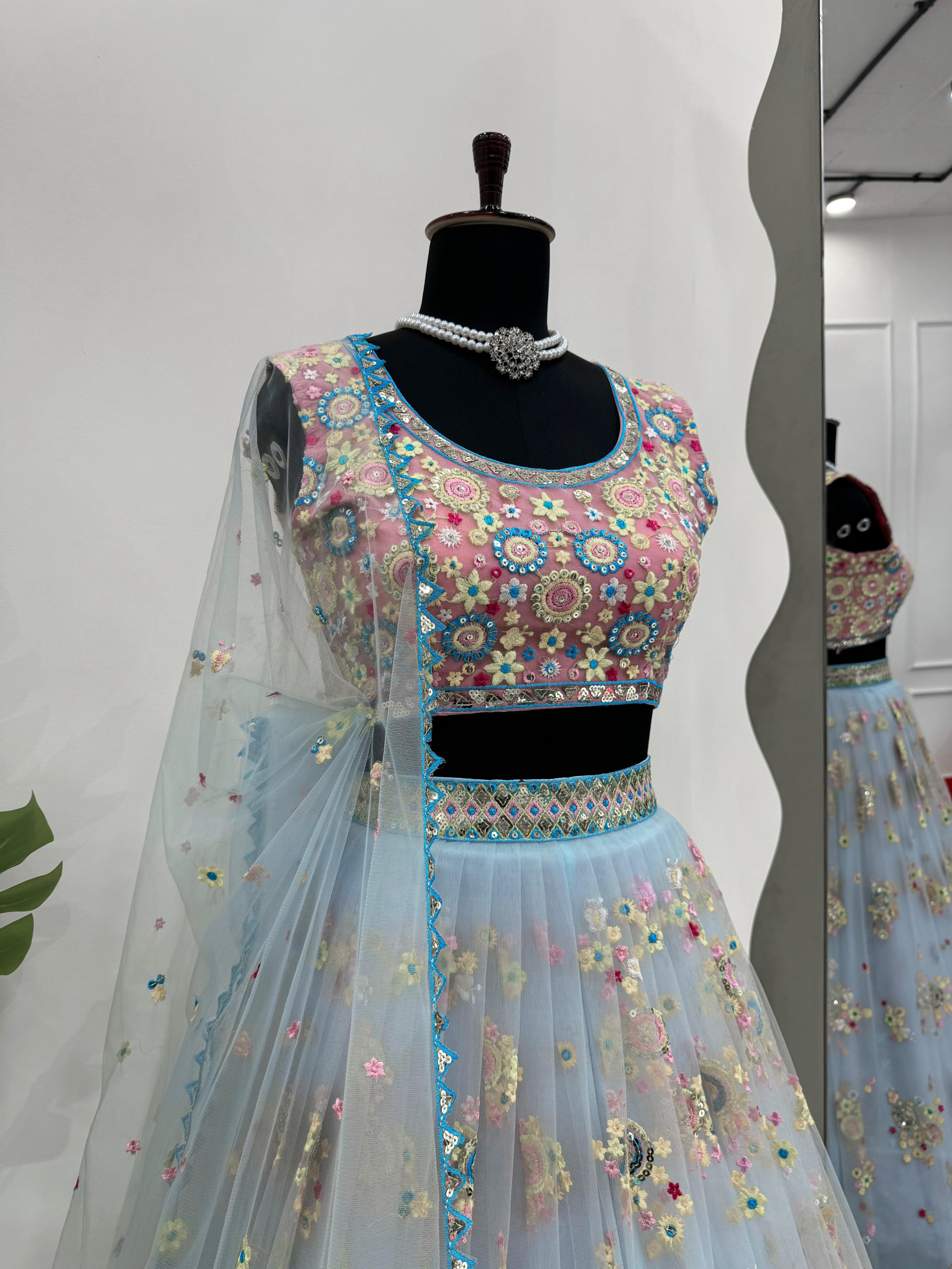 Reception Wear Sky Blue Butterfly Net Thread With Sequence Work Designer Lehenga Choli