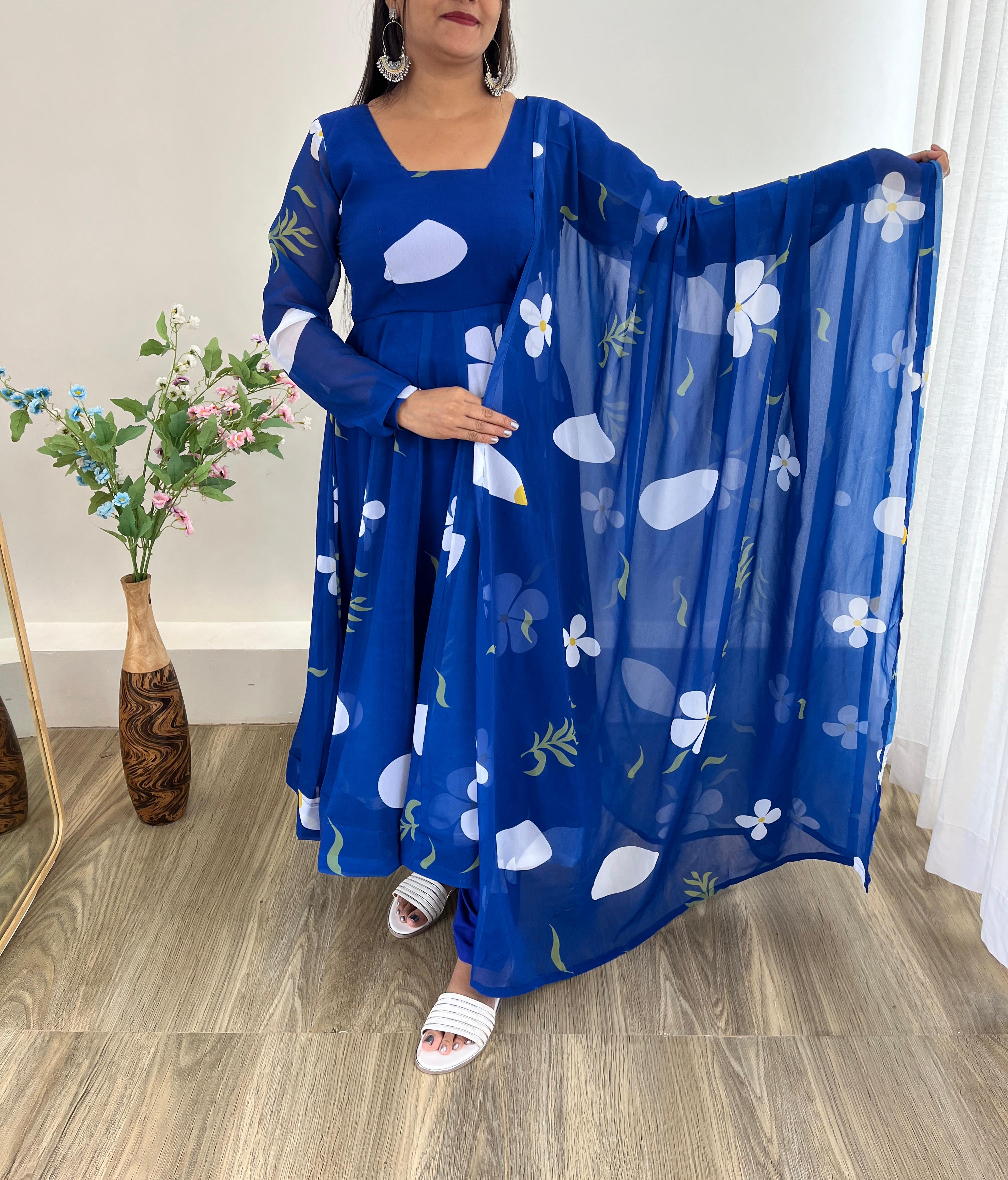 Party Wear Blue Color Faux Georgette Soft With Digital Printed Designer Gown