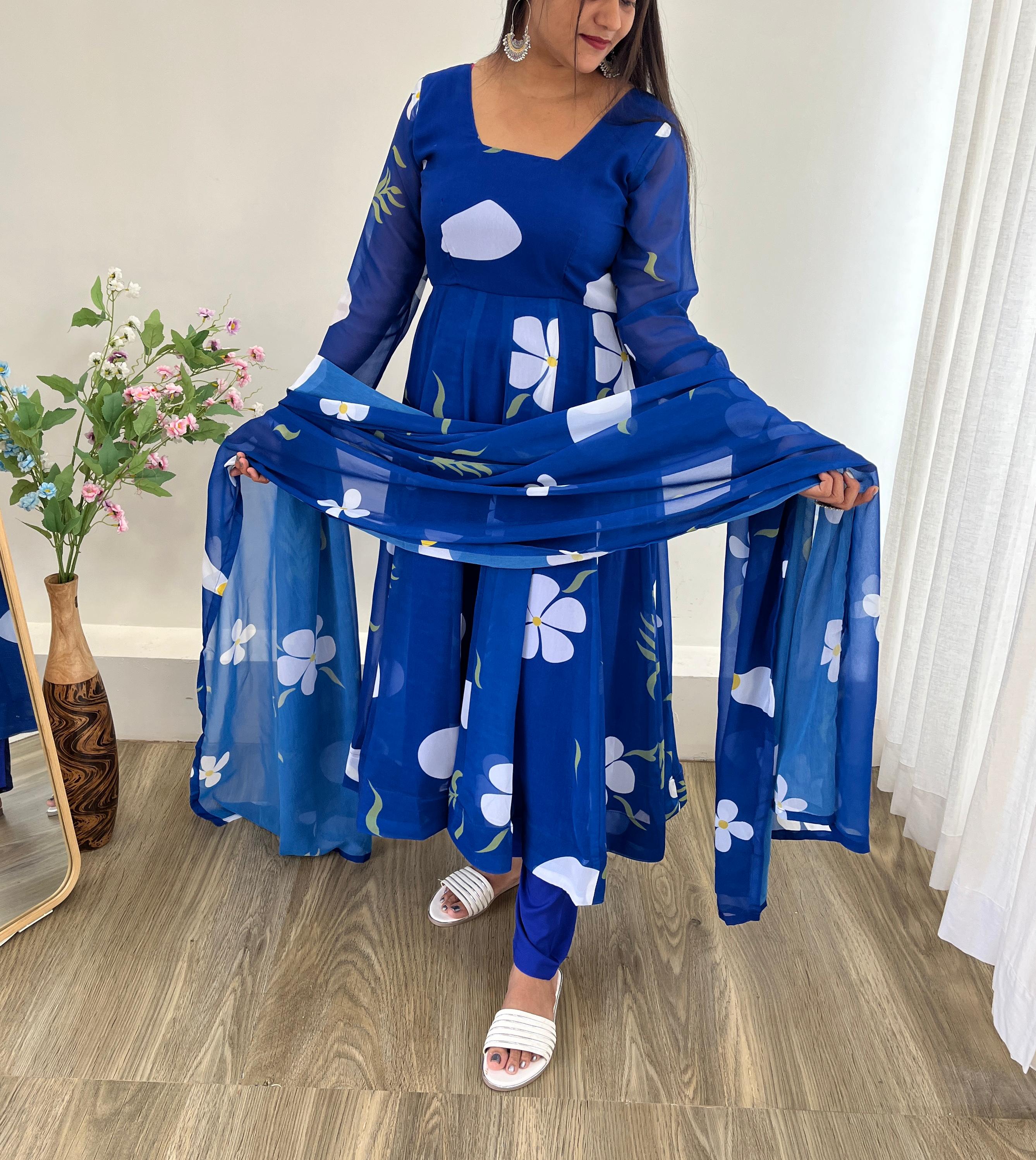 Party Wear Blue Color Faux Georgette Soft With Digital Printed Designer Gown