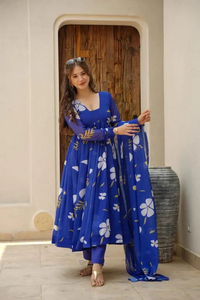 Party Wear Blue Color Faux Georgette Soft With Digital Printed Designer Gown