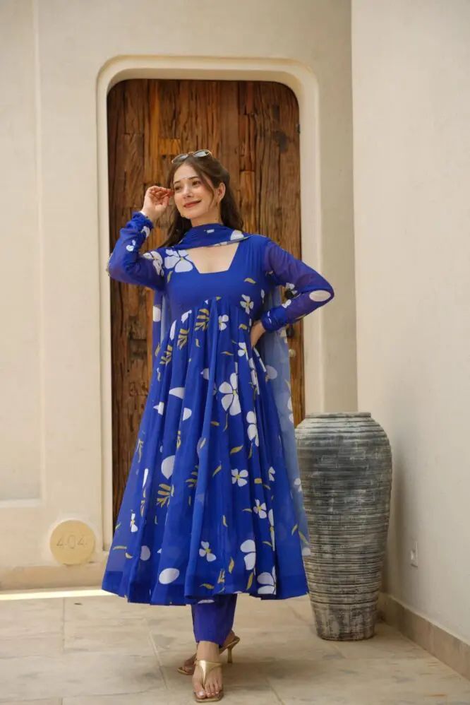 Party Wear Blue Color Faux Georgette Soft With Digital Printed Designer Gown