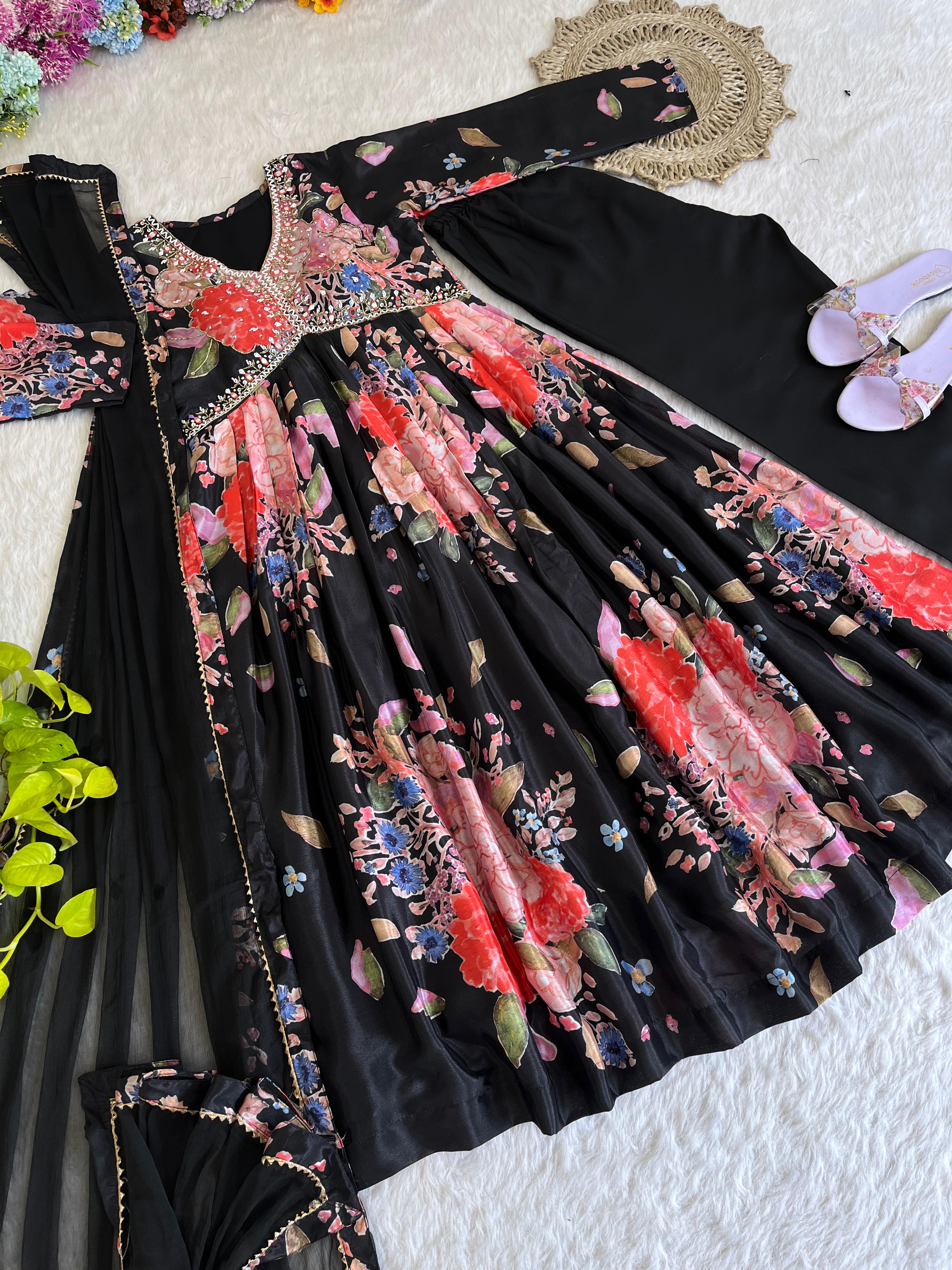 Engagement Wear Black Color Chinon Soft With Digital Printed Multi Color Beautiful Hand Made Designer Gown