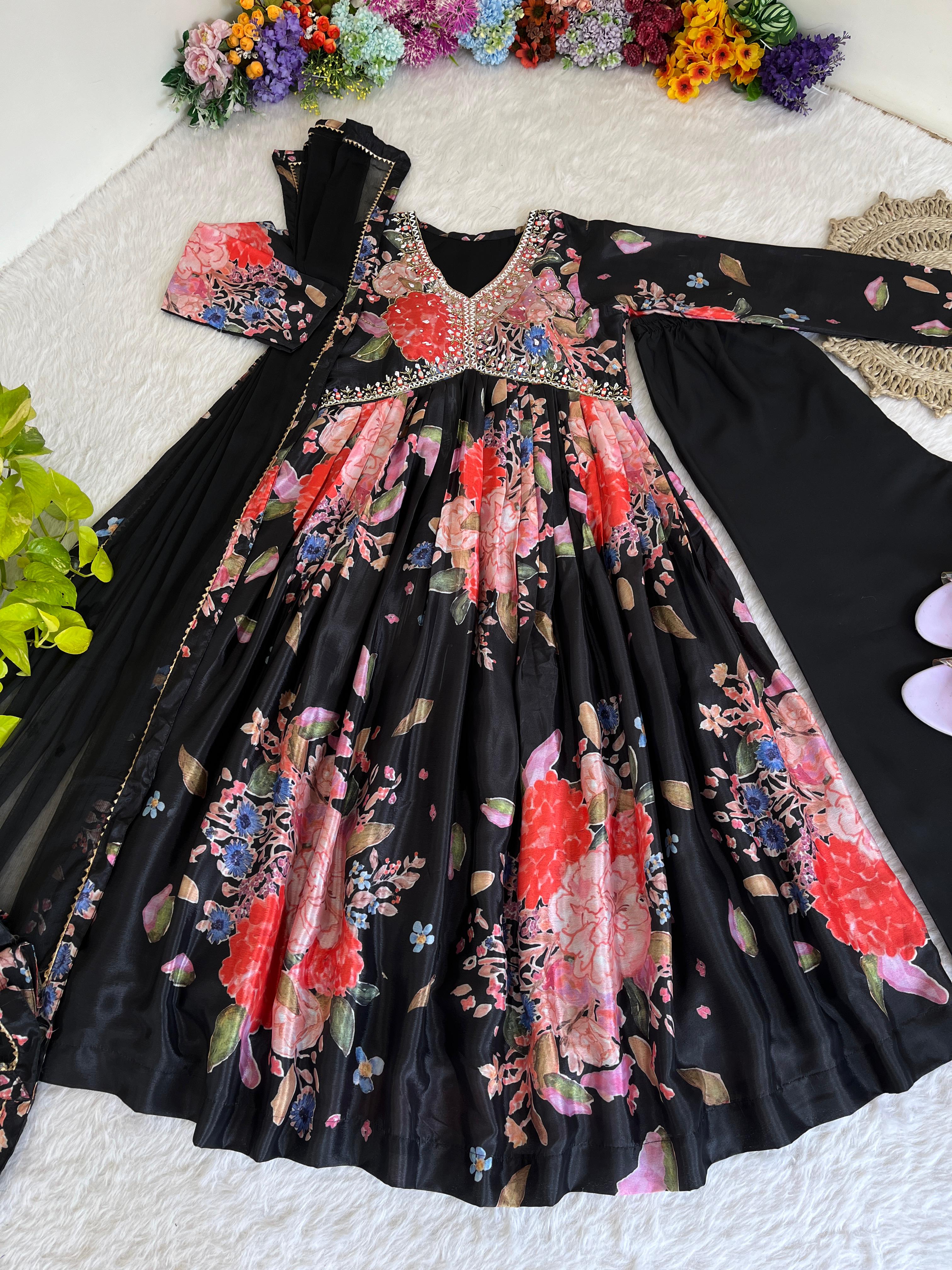 Engagement Wear Black Color Chinon Soft With Digital Printed Multi Color Beautiful Hand Made Designer Gown