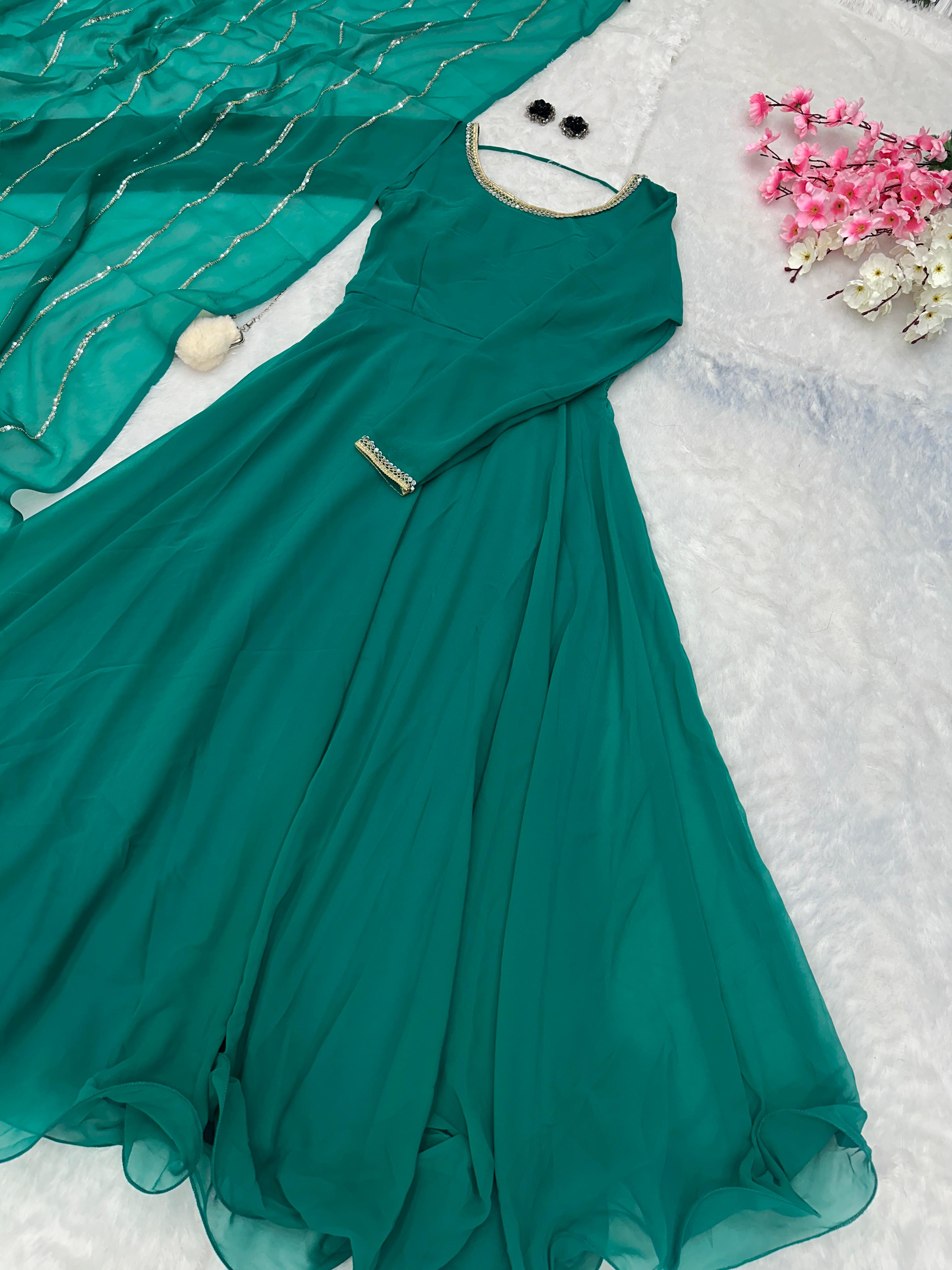 Festive Wear Shine Border Green Color Gown