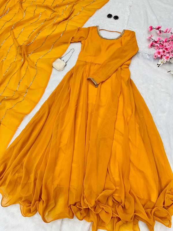 Casual Wear Shine Border Yellow Color Gown