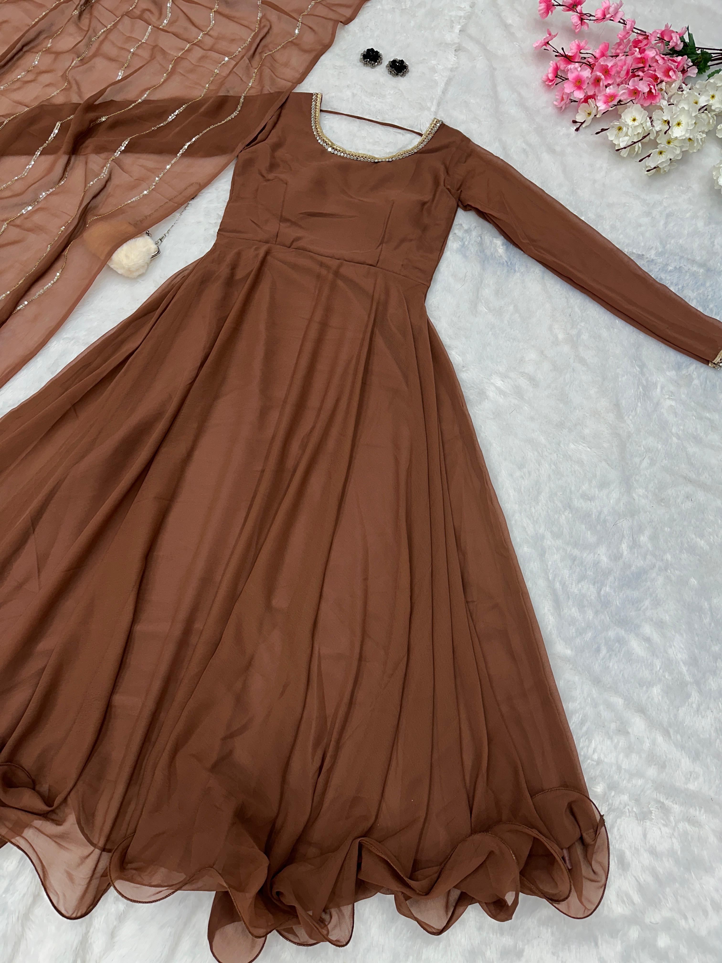 Casual Wear Shine Border Brown Color Gown